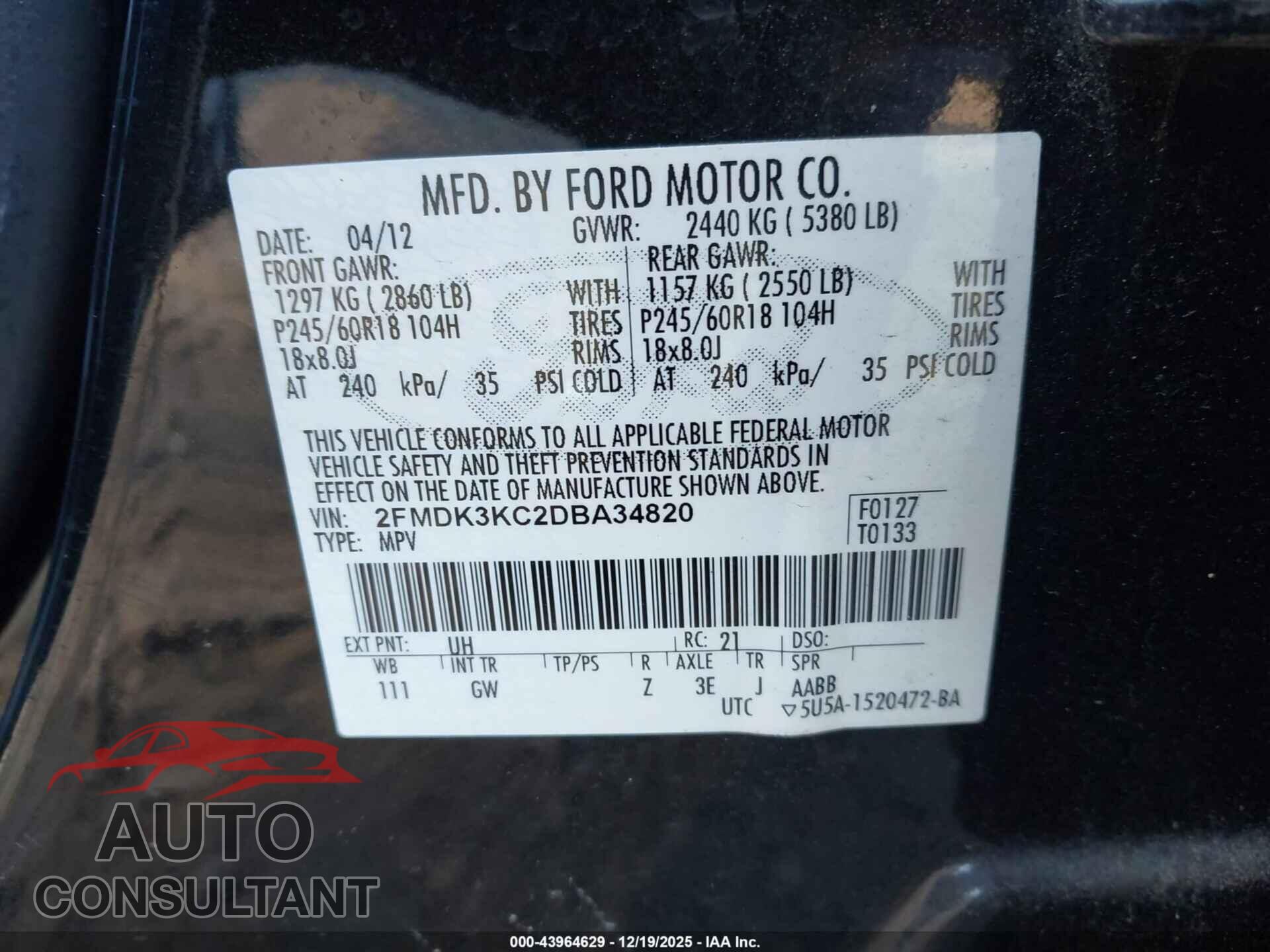 FORD EDGE 2013 - 2FMDK3KC2DBA34820