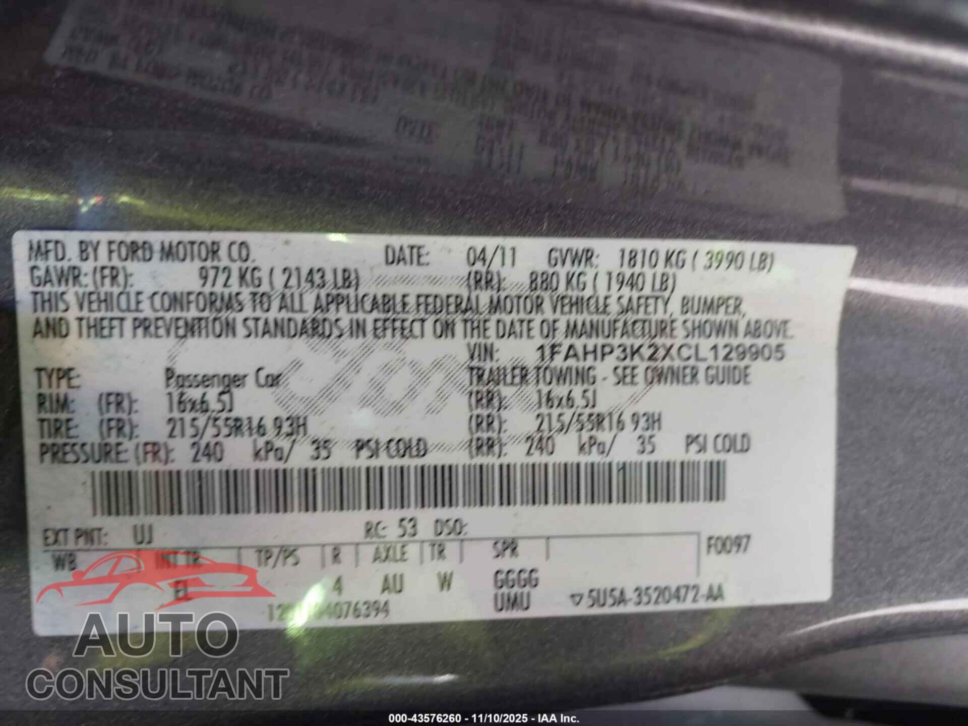 FORD FOCUS 2012 - 1FAHP3K2XCL129905