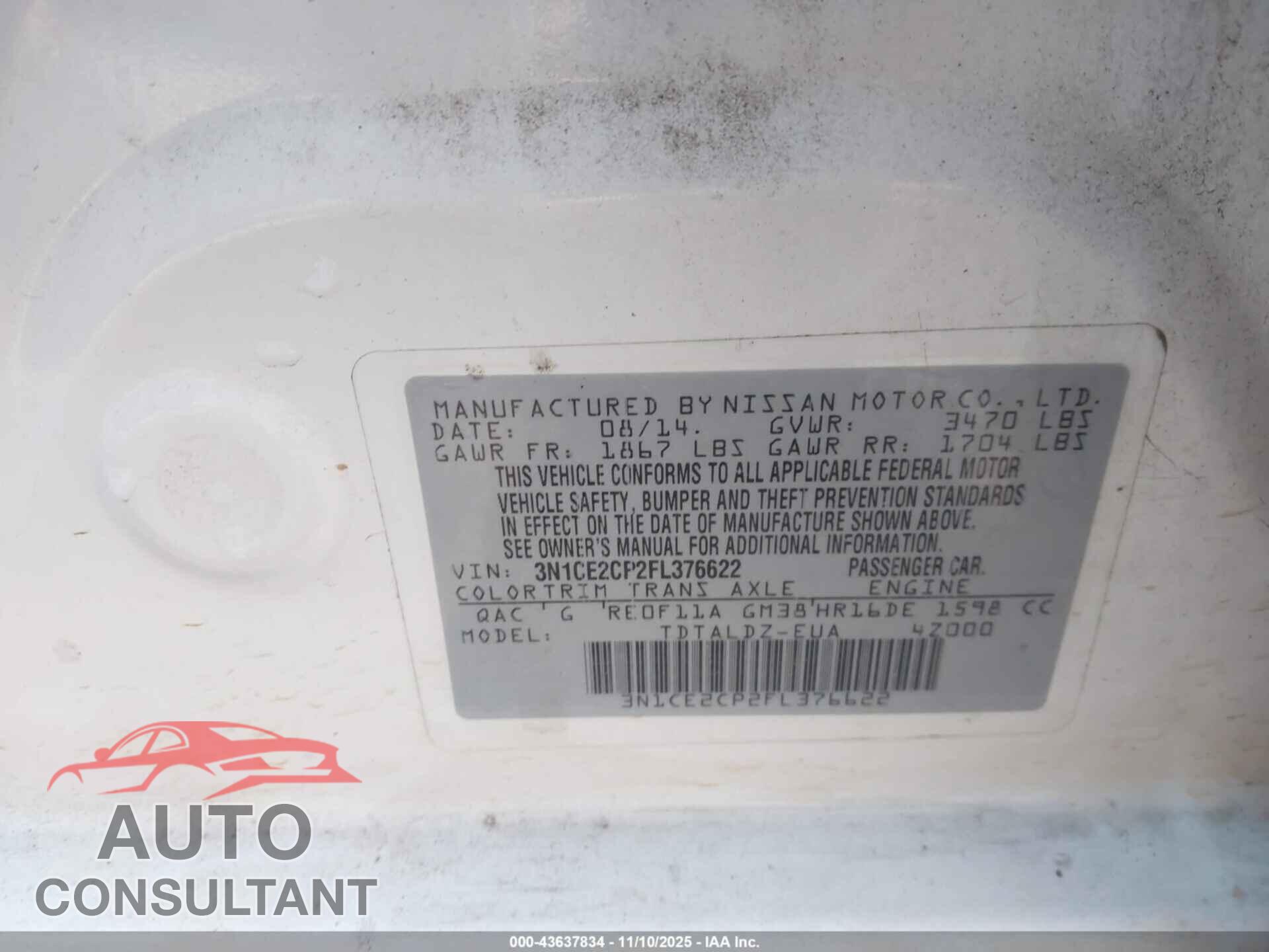 NISSAN VERSA NOTE 2015 - 3N1CE2CP2FL376622