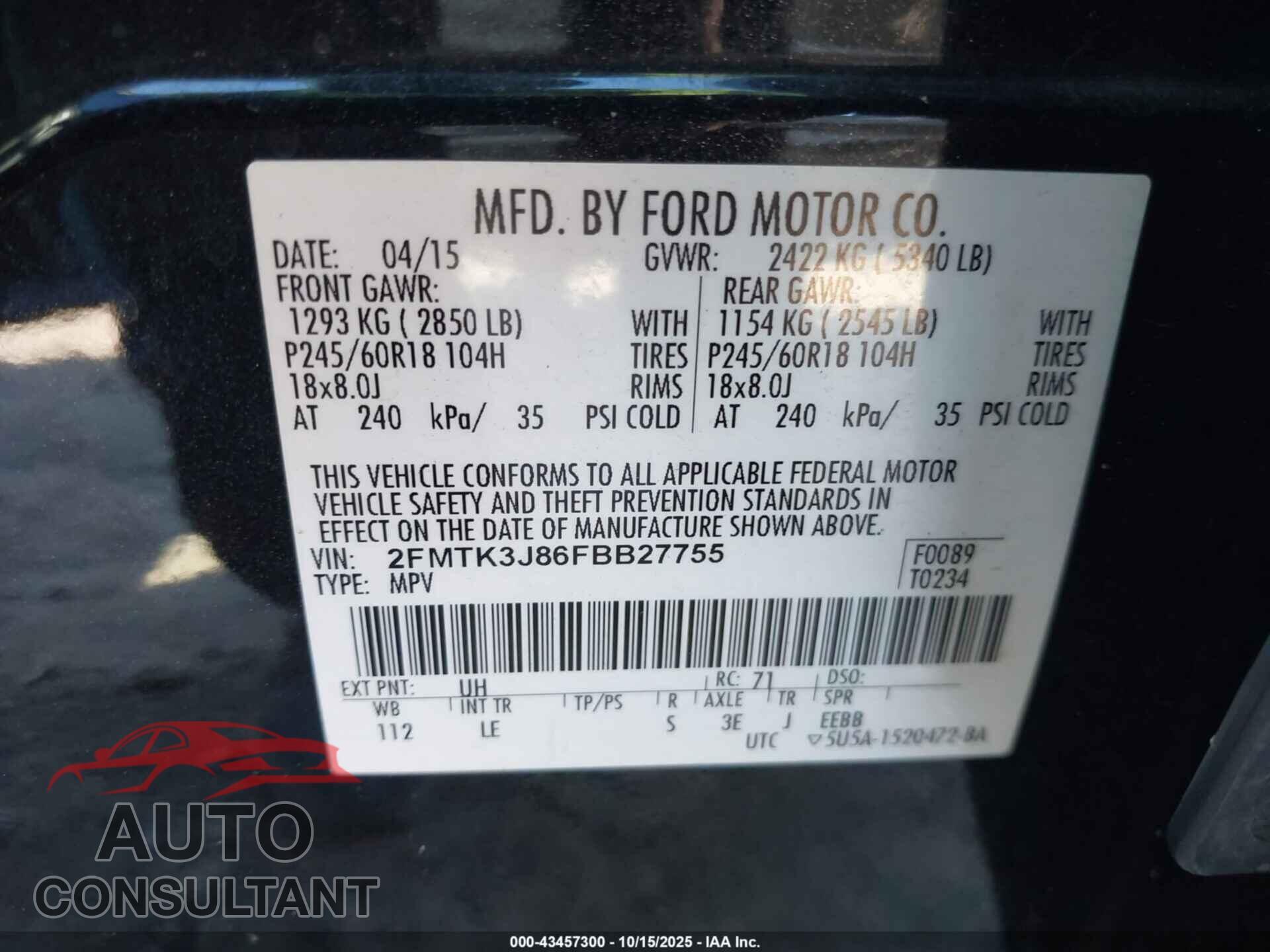 FORD EDGE 2015 - 2FMTK3J86FBB27755