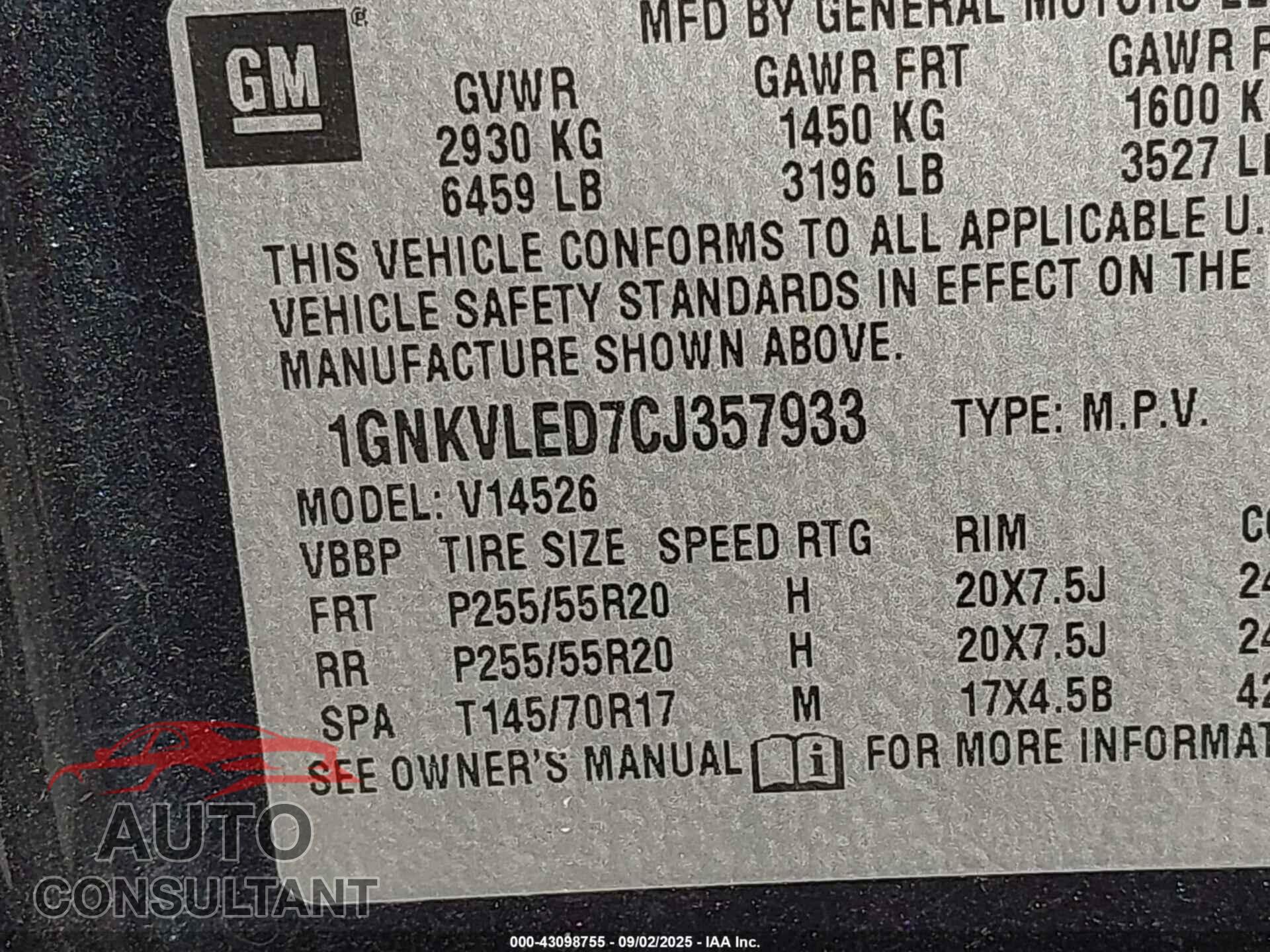 CHEVROLET TRAVERSE 2012 - 1GNKVLED7CJ357933
