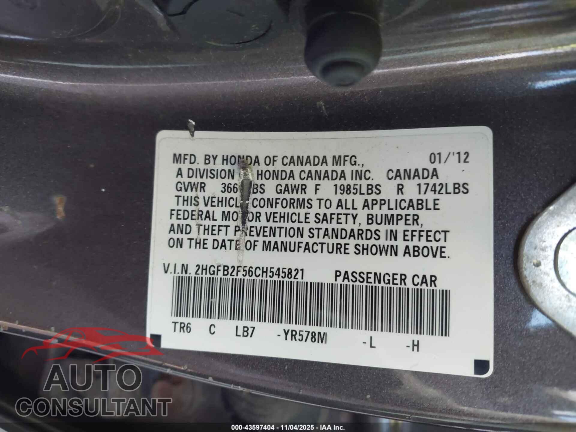 HONDA CIVIC 2012 - 2HGFB2F56CH545821
