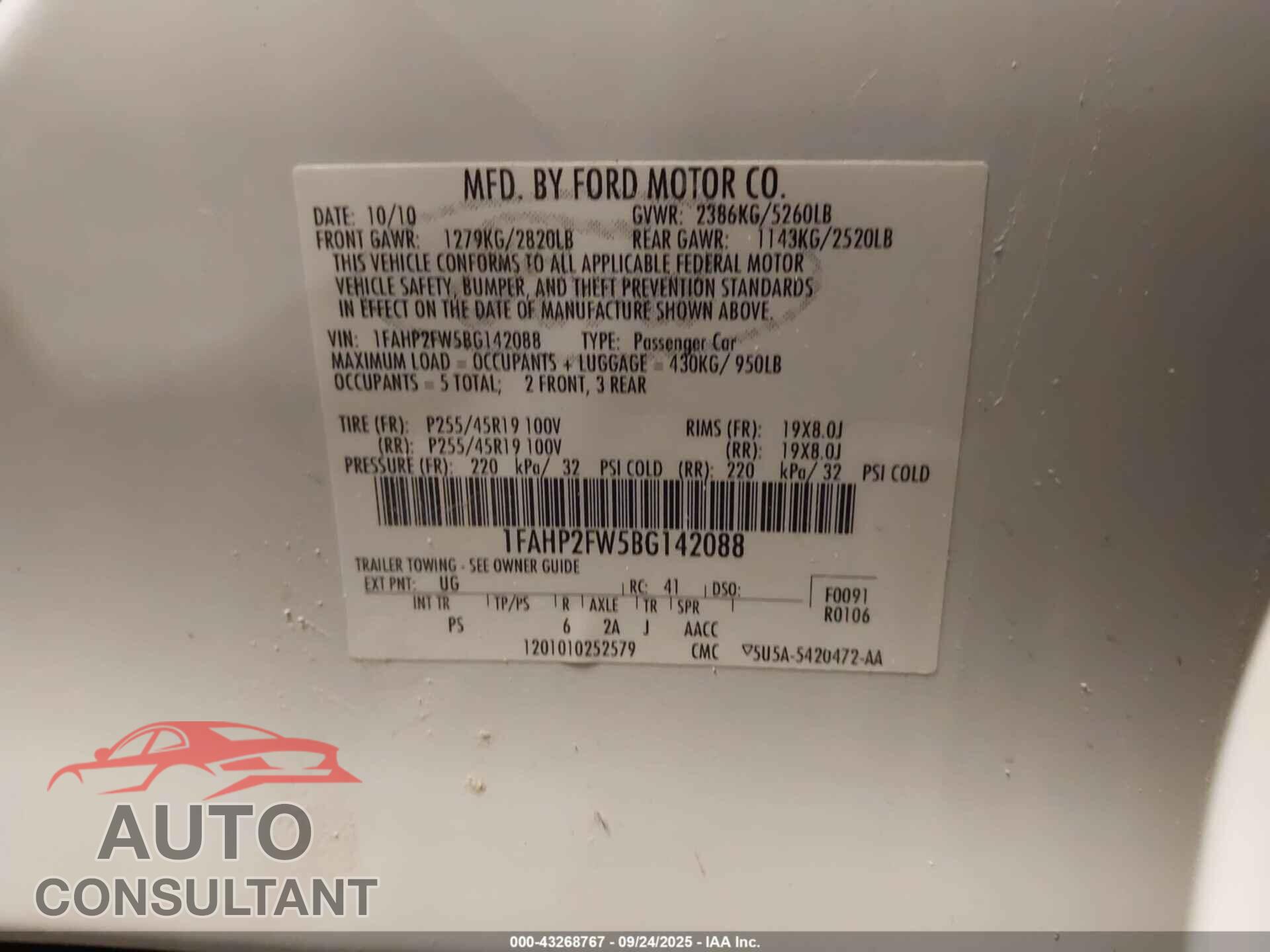 FORD TAURUS 2011 - 1FAHP2FW5BG142088