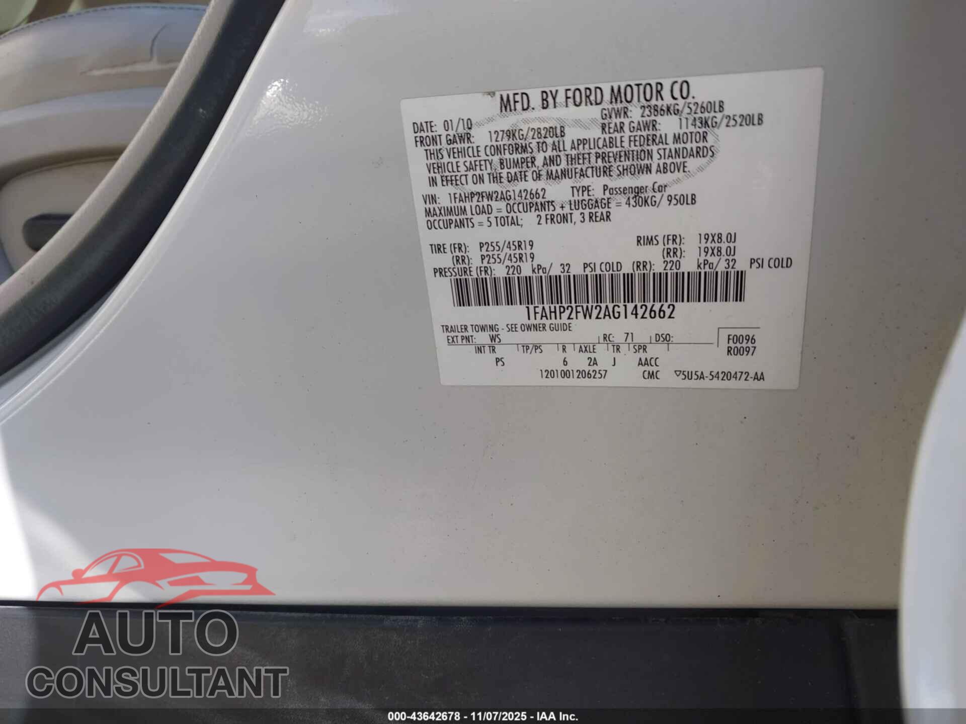 FORD TAURUS 2010 - 1FAHP2FW2AG142662
