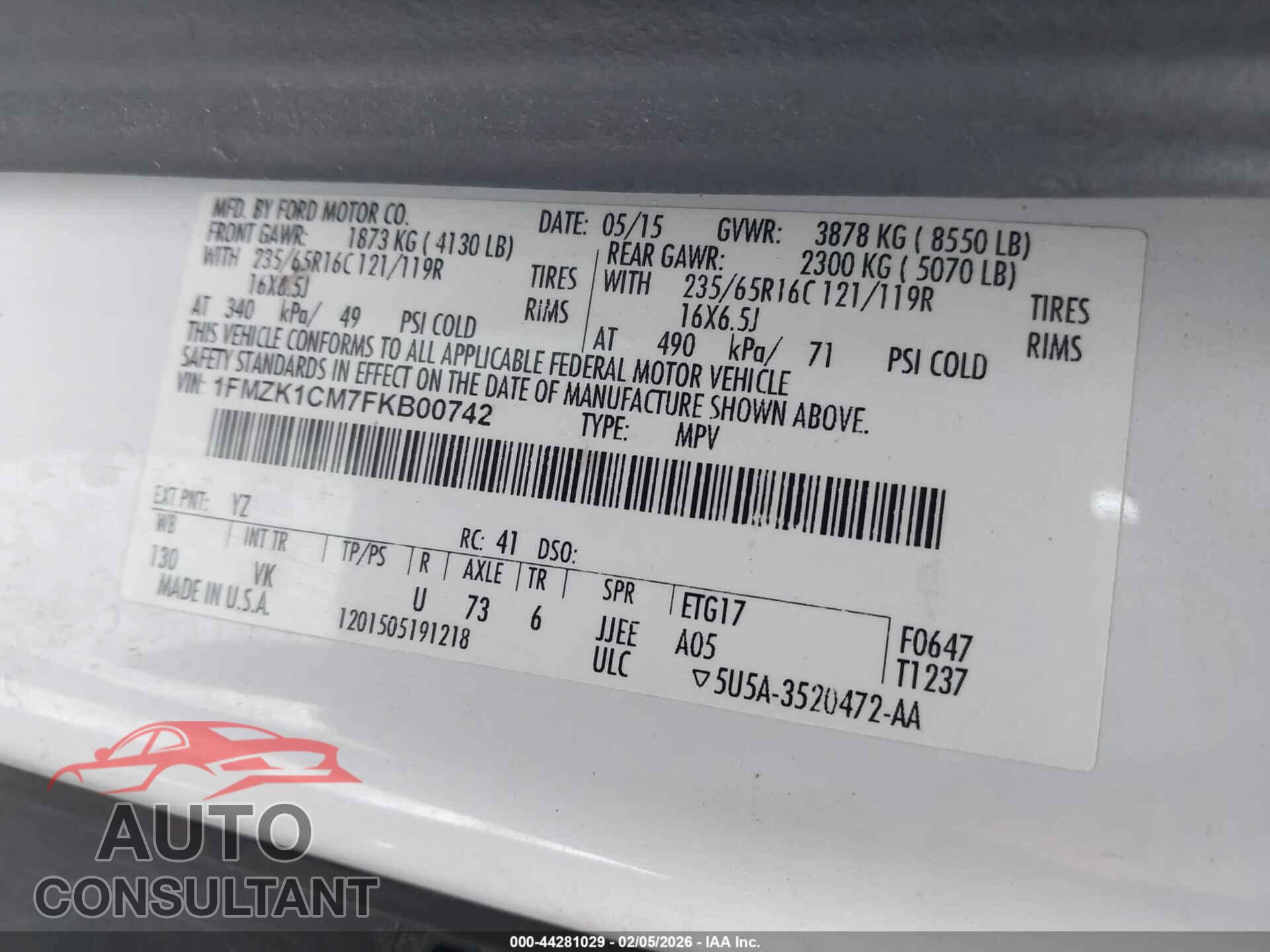 FORD TRANSIT-150 2015 - 1FMZK1CM7FKB00742