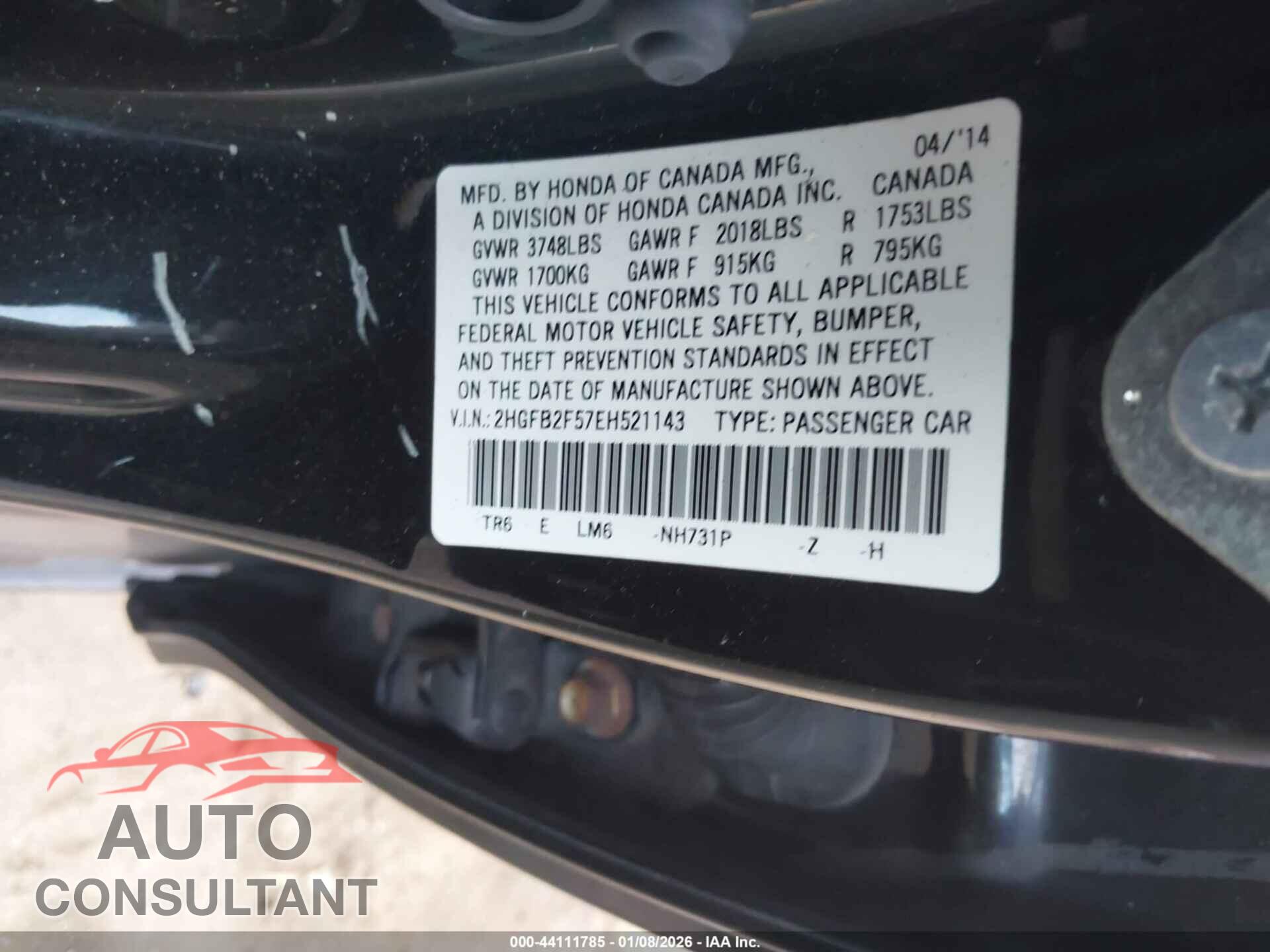HONDA CIVIC 2014 - 2HGFB2F57EH521143