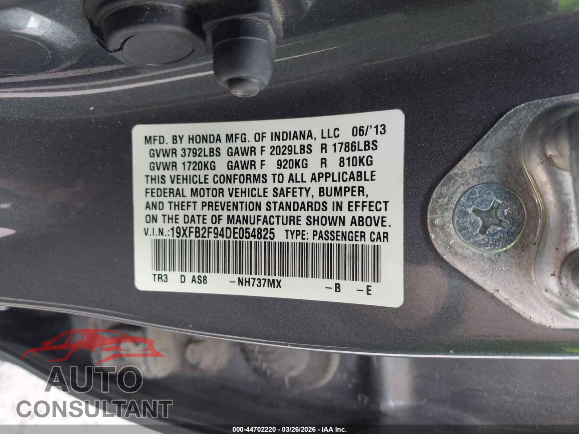 HONDA CIVIC 2013 - 19XFB2F94DE054825
