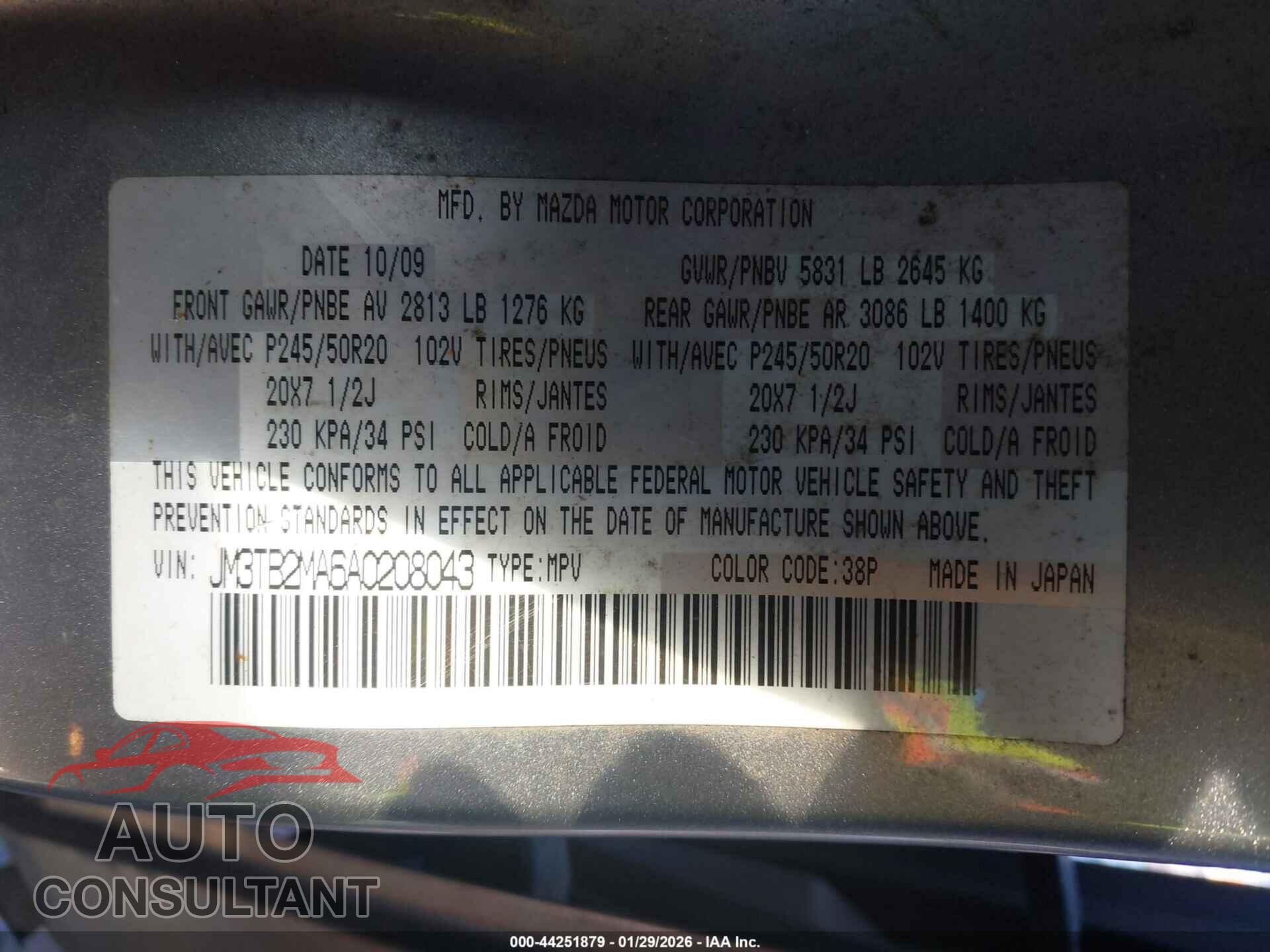 MAZDA CX-9 2010 - JM3TB2MA6A0208043