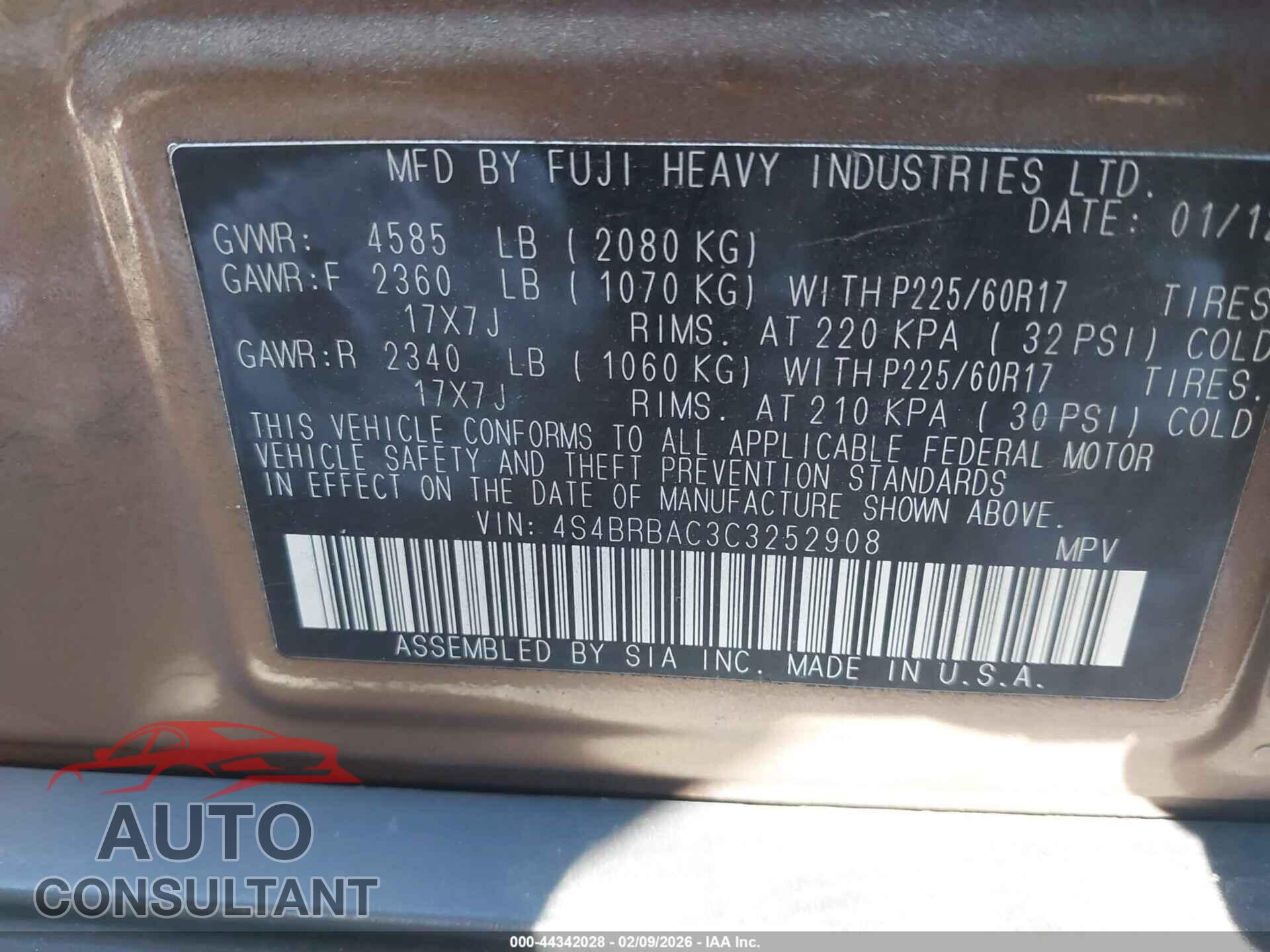 SUBARU OUTBACK 2012 - 4S4BRBAC3C3252908