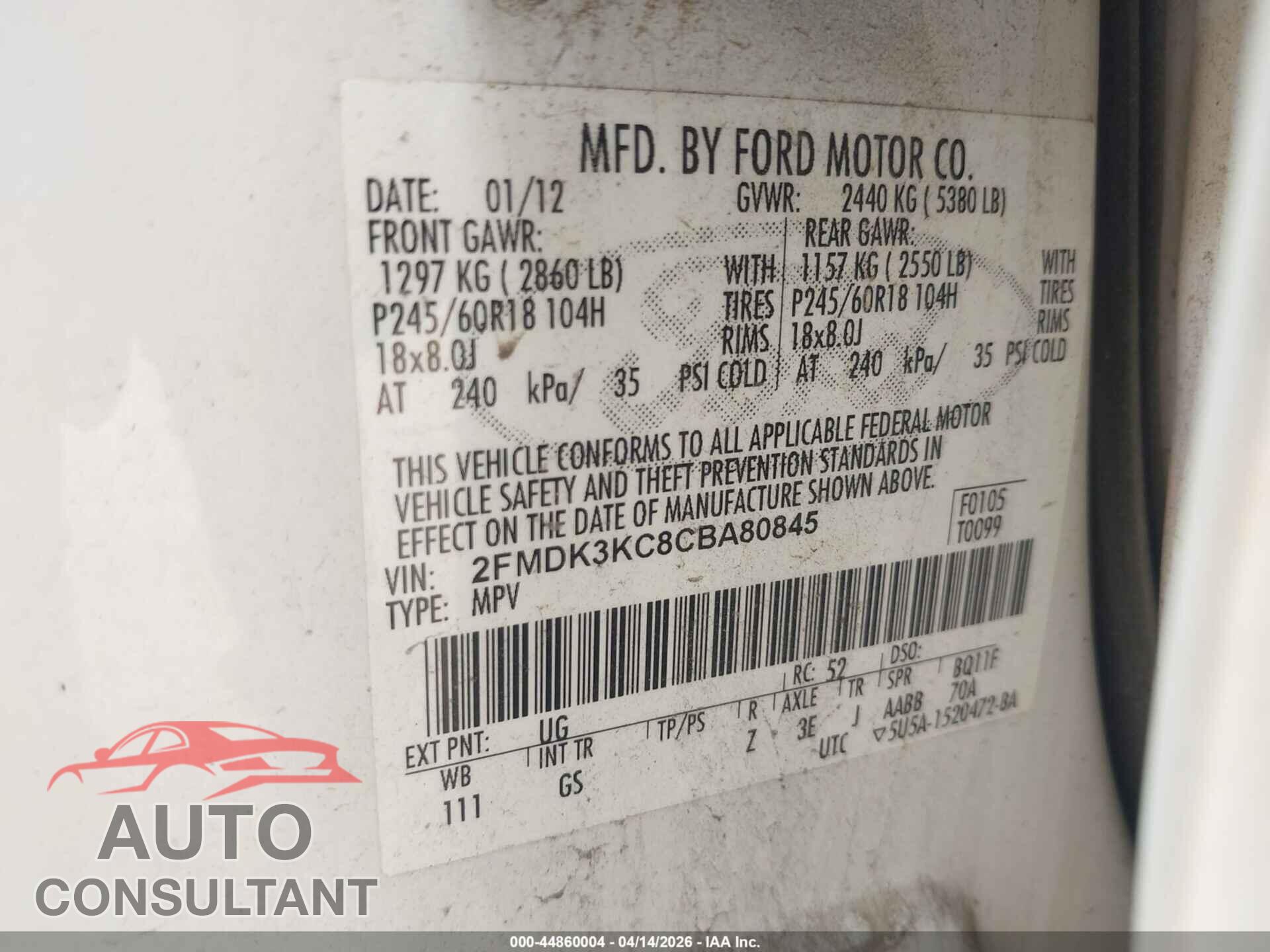 FORD EDGE 2012 - 2FMDK3KC8CBA80845
