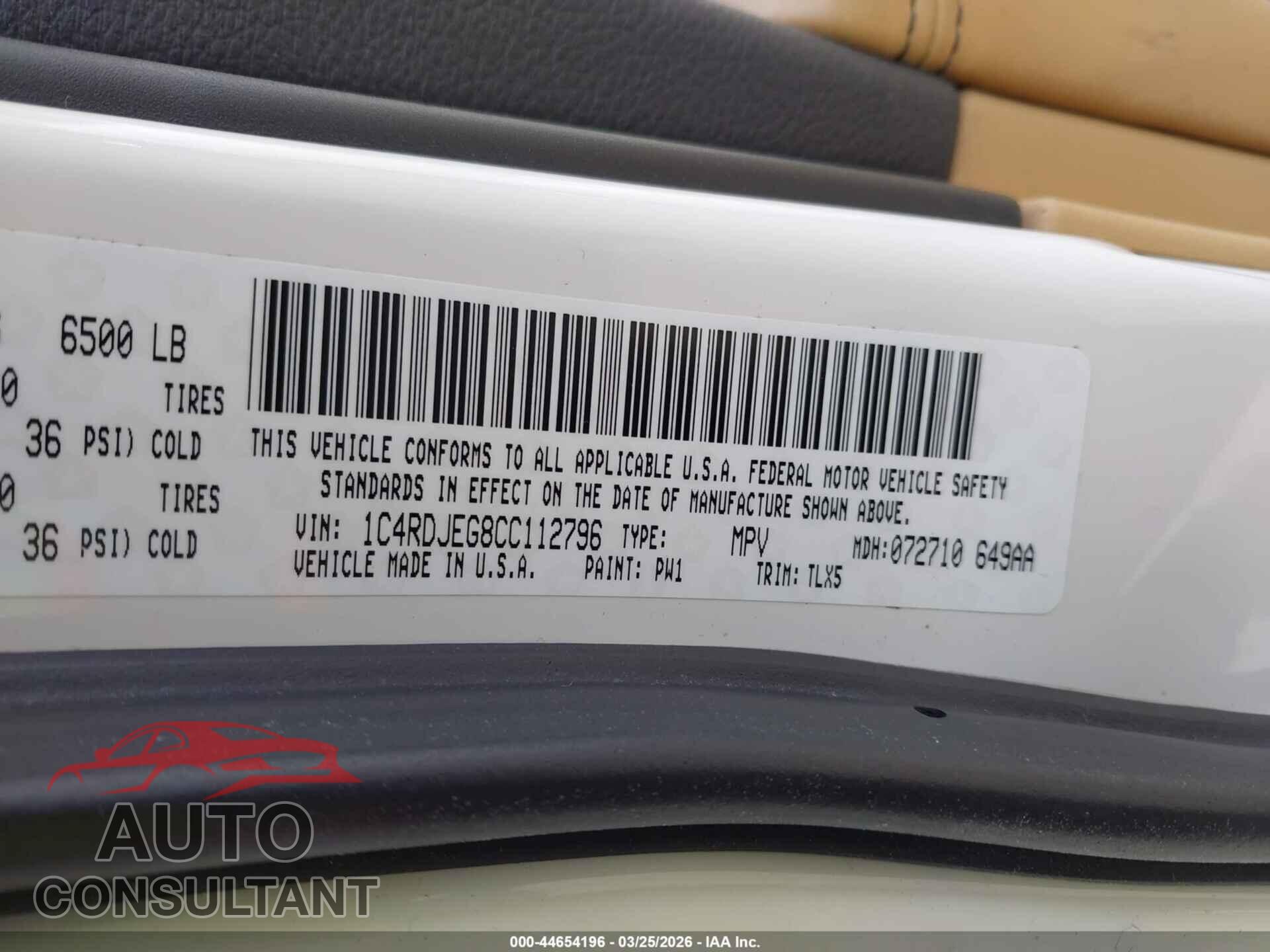 DODGE DURANGO 2012 - 1C4RDJEG8CC112796