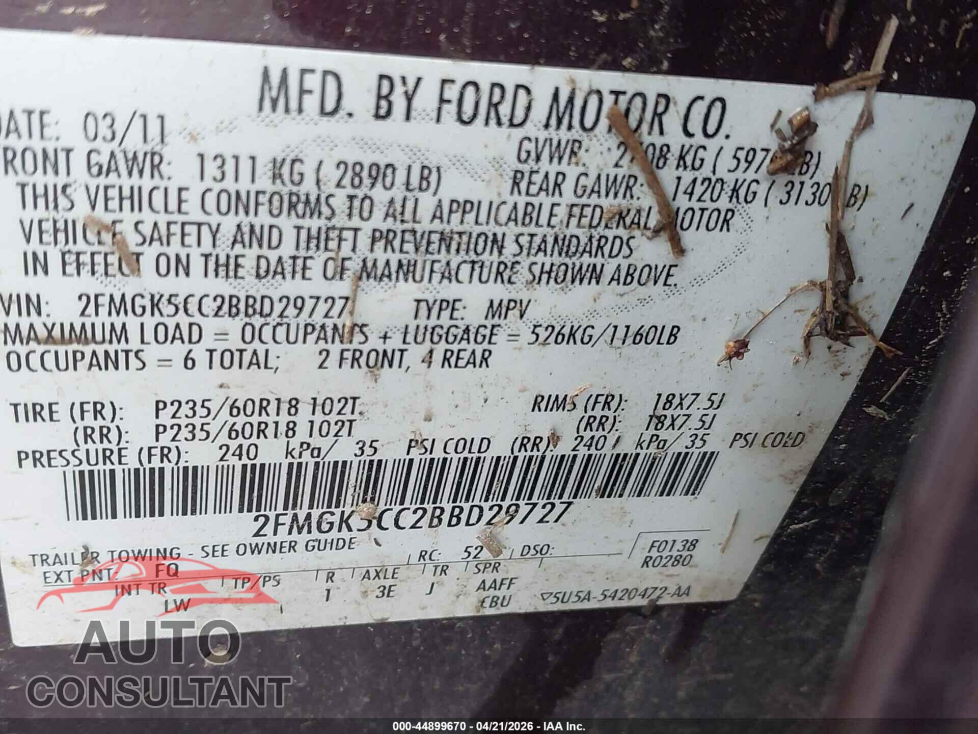 FORD FLEX 2011 - 2FMGK5CC2BBD29727