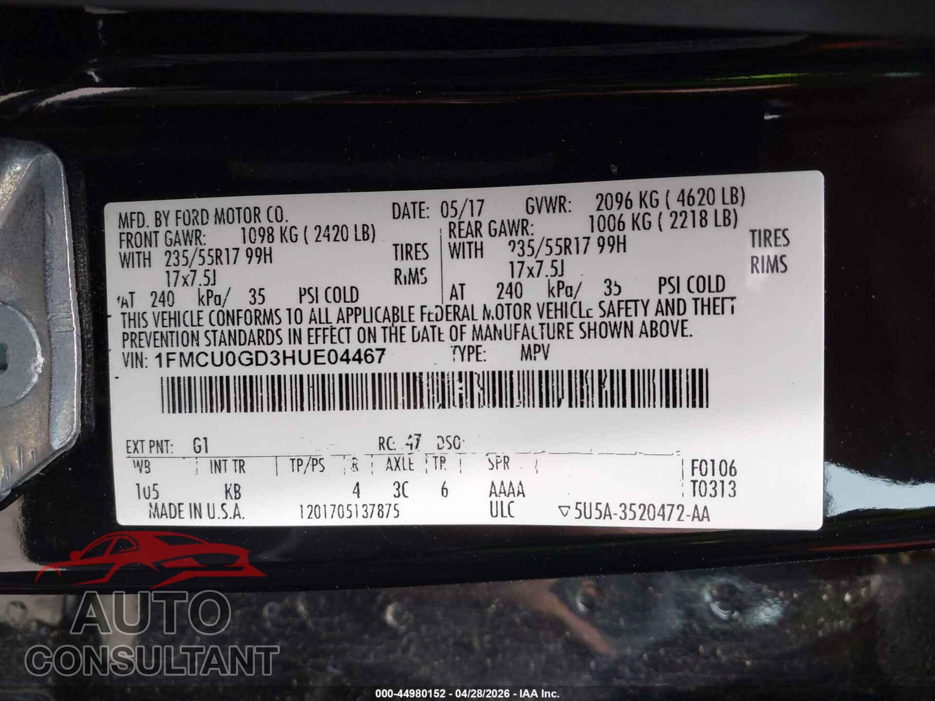 FORD ESCAPE 2017 - 1FMCU0GD3HUE04467