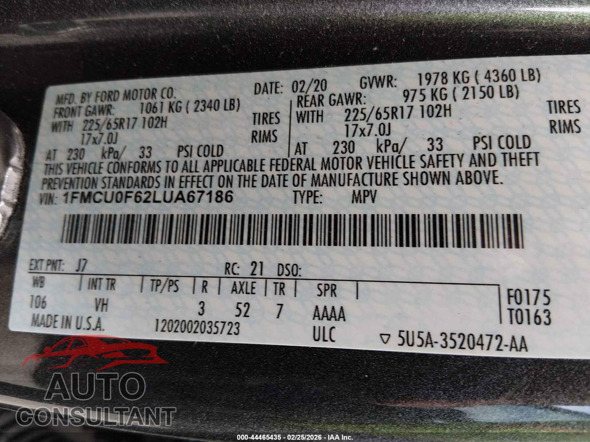 FORD ESCAPE 2020 - 1FMCU0F62LUA67186
