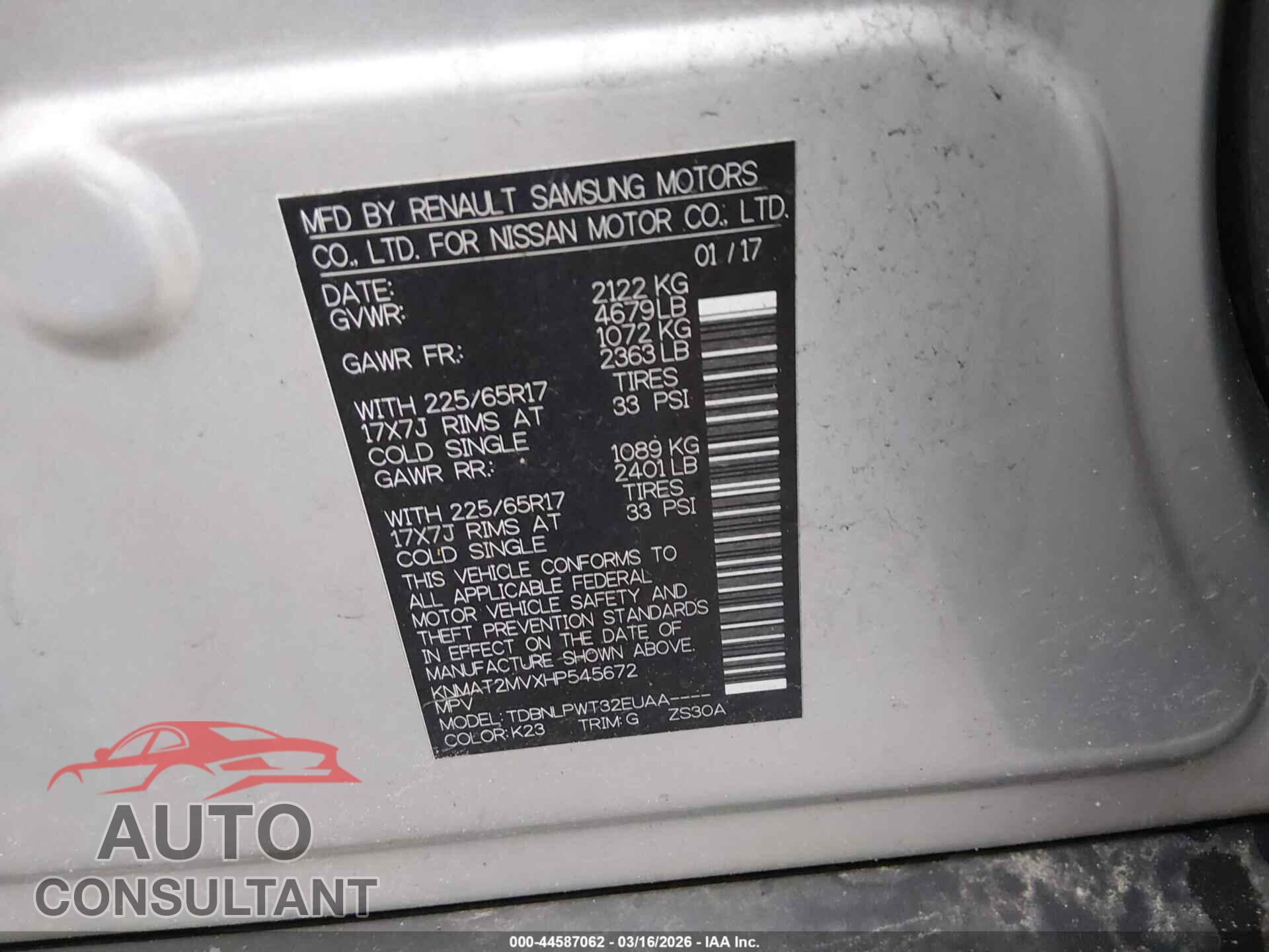NISSAN ROGUE 2017 - KNMAT2MVXHP545672