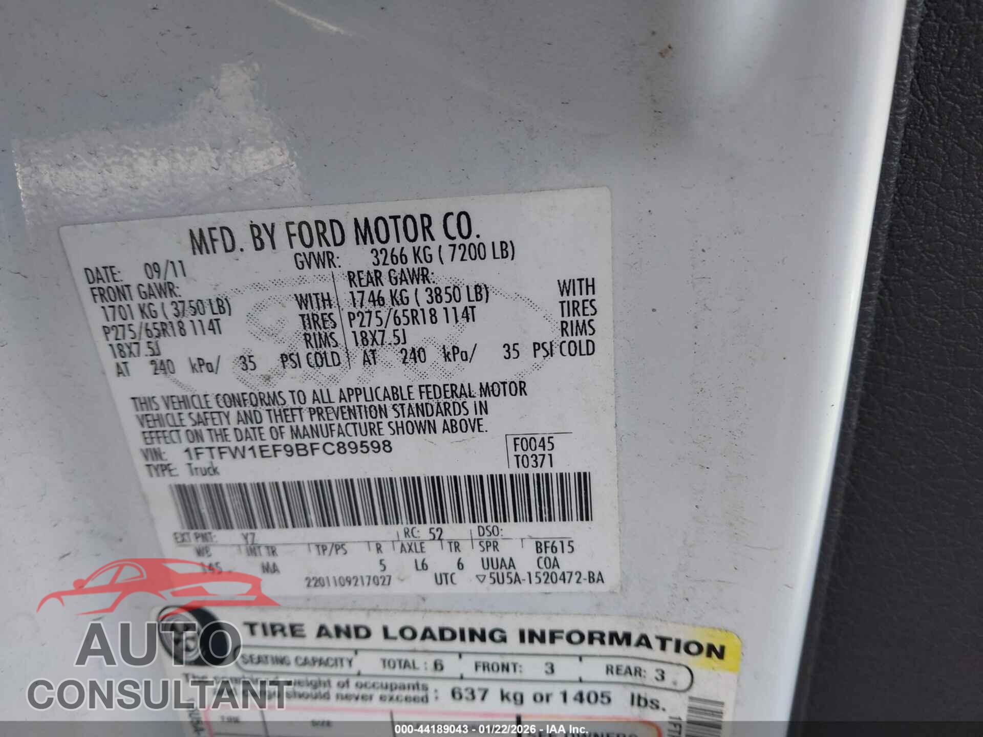 FORD F-150 2011 - 1FTFW1EF9BFC89598