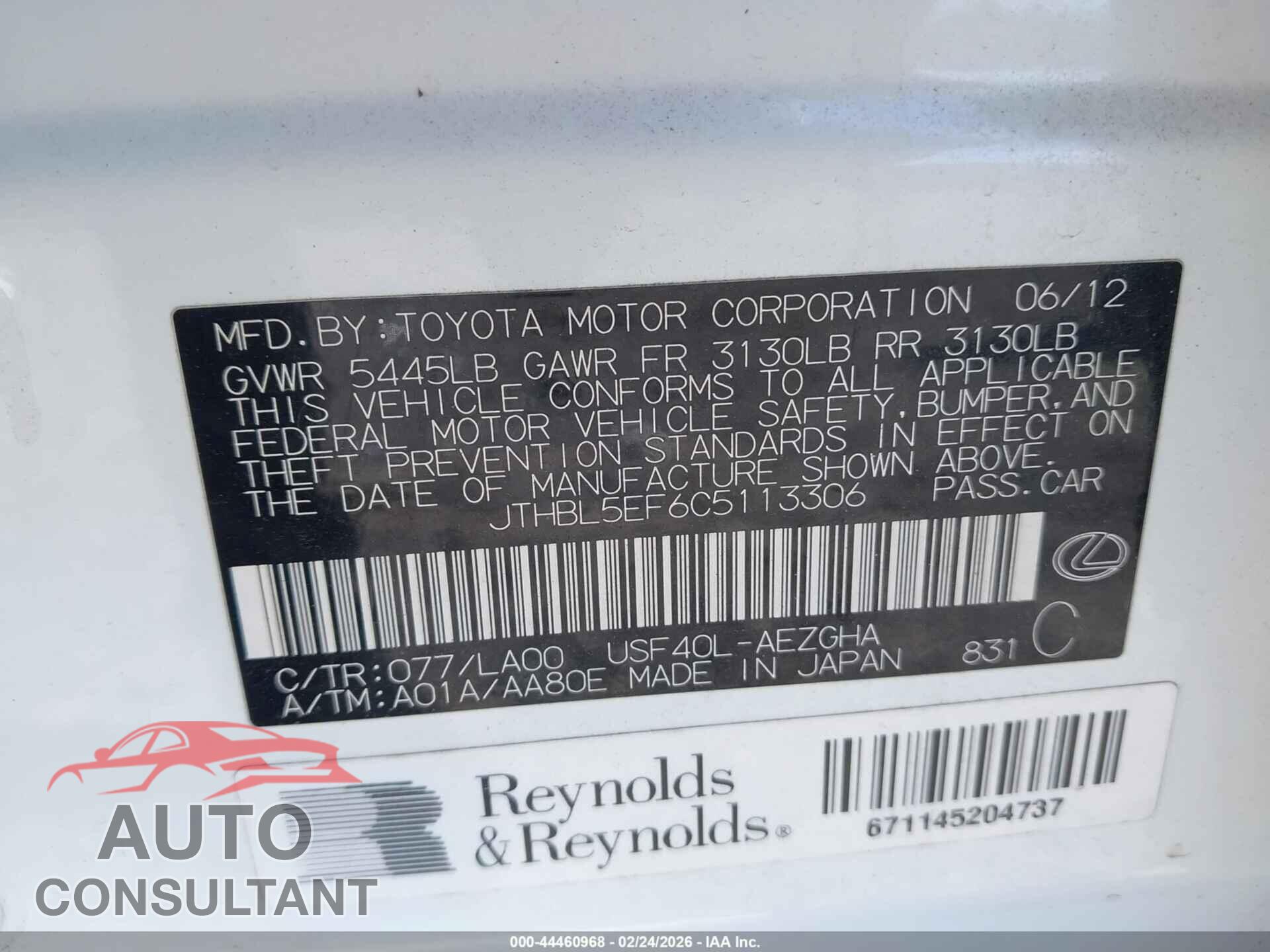 LEXUS LS 460 2012 - JTHBL5EF6C5113306