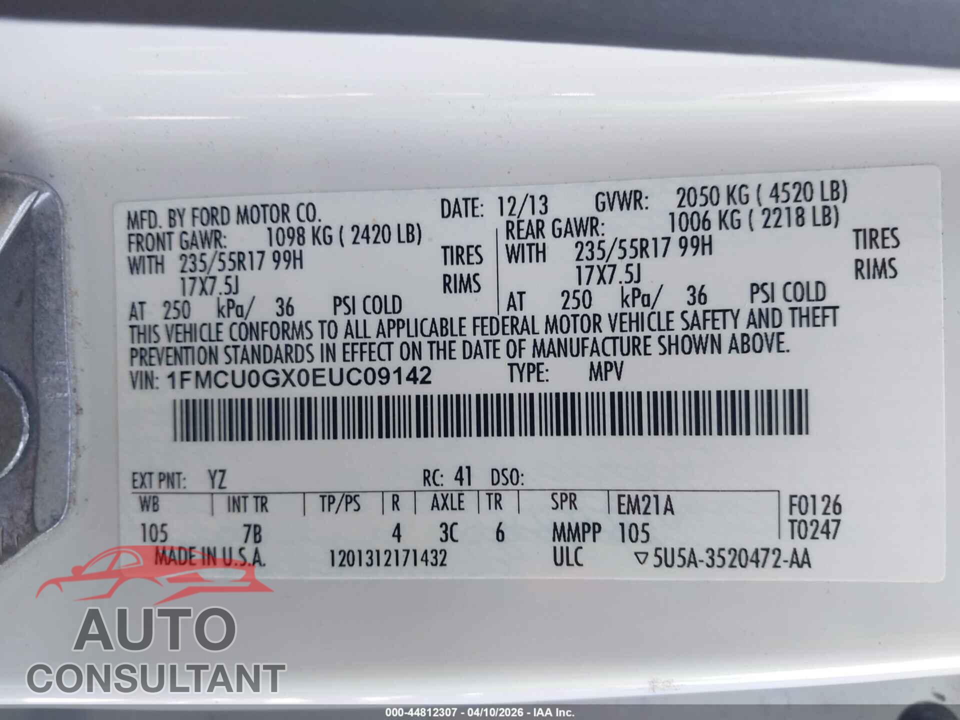FORD ESCAPE 2014 - 1FMCU0GX0EUC09142