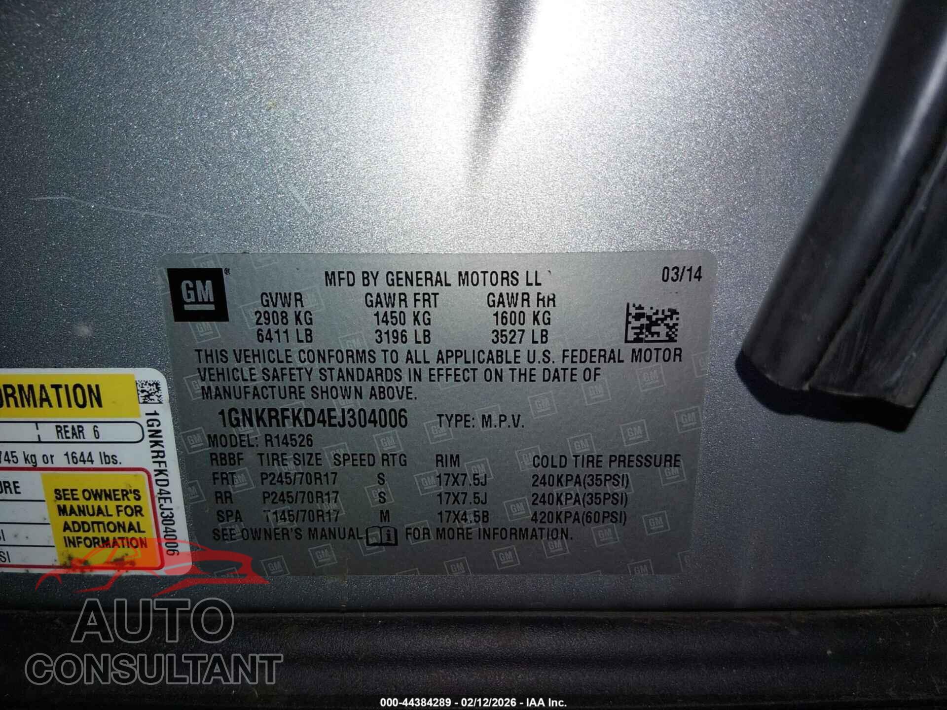 CHEVROLET TRAVERSE 2014 - 1GNKRFKD4EJ304006
