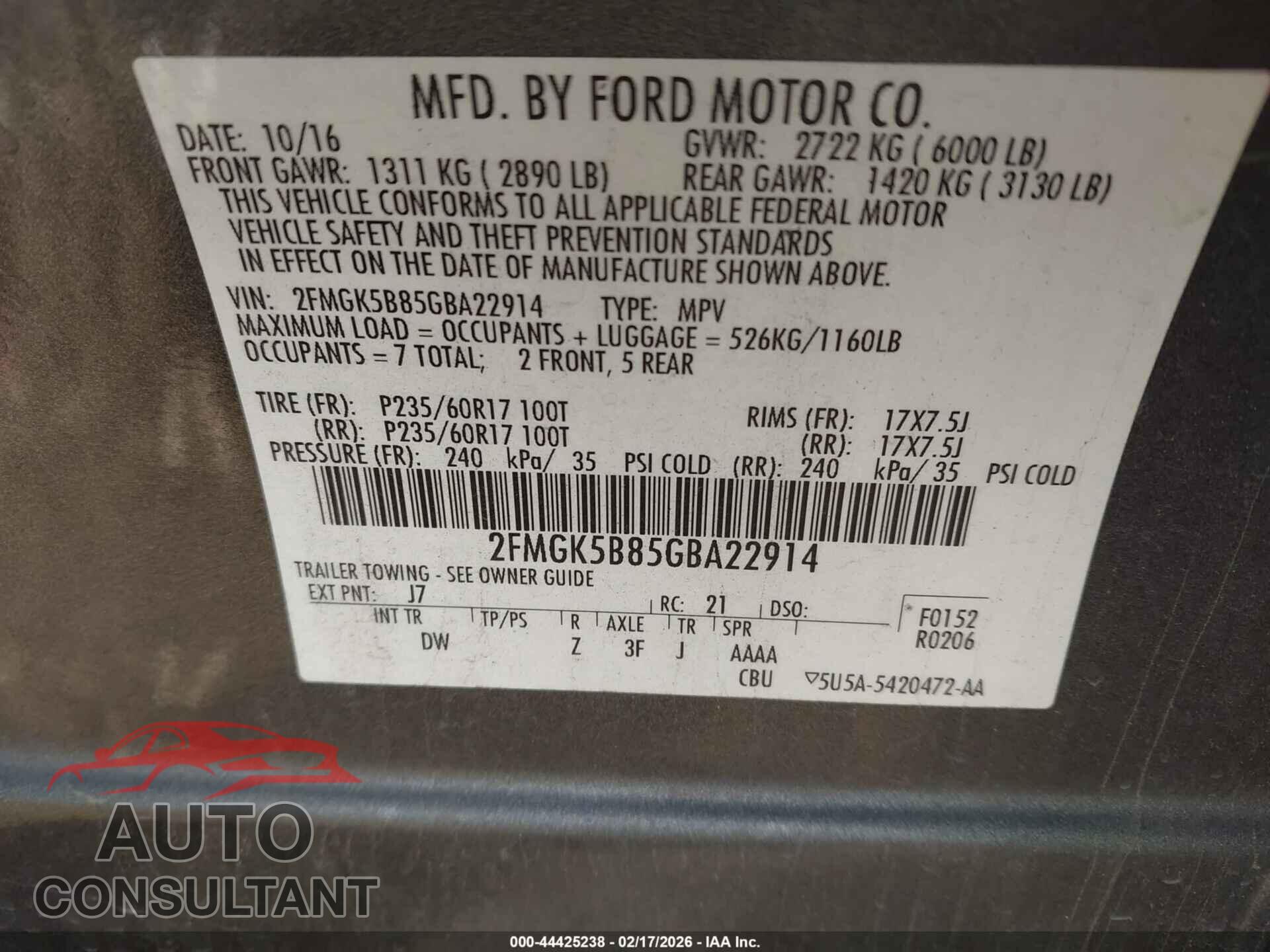 FORD FLEX 2016 - 2FMGK5B85GBA22914