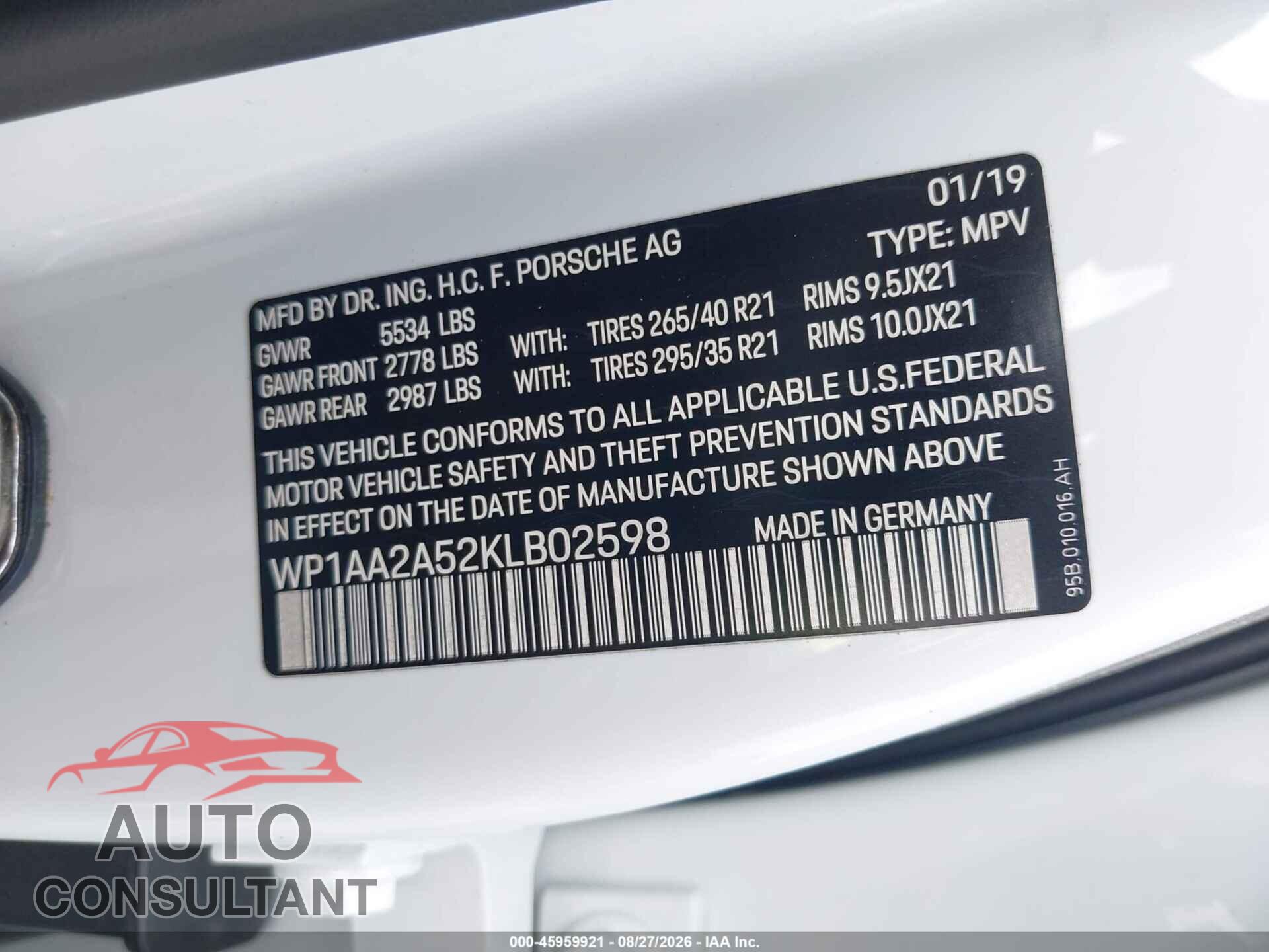 PORSCHE MACAN 2019 - WP1AA2A52KLB02598