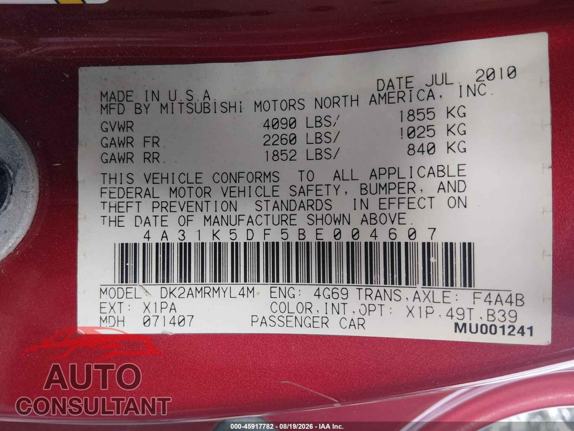 MITSUBISHI ECLIPSE 2011 - 4A31K5DF5BE004607