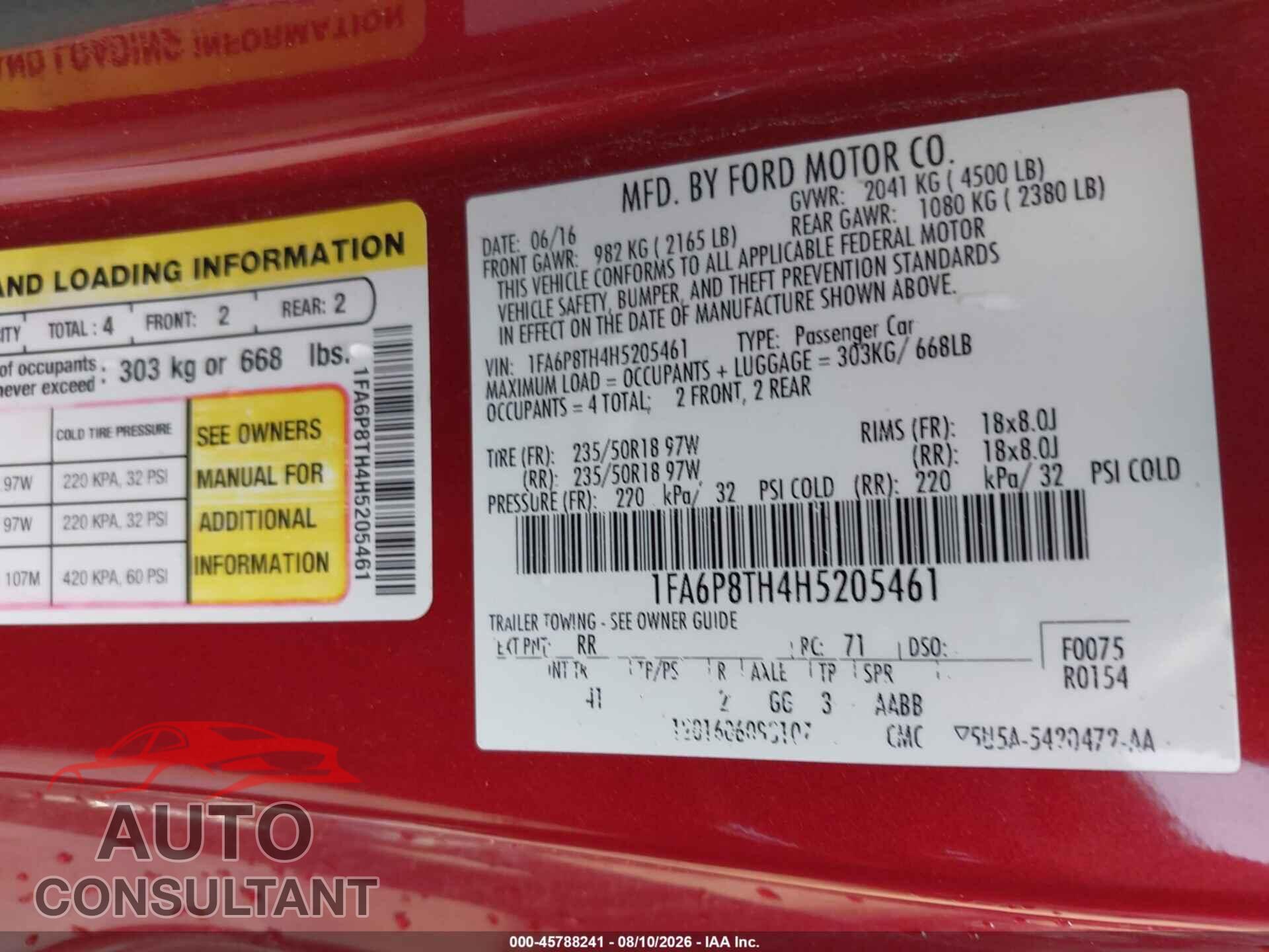 FORD MUSTANG 2017 - 1FA6P8TH4H5205461