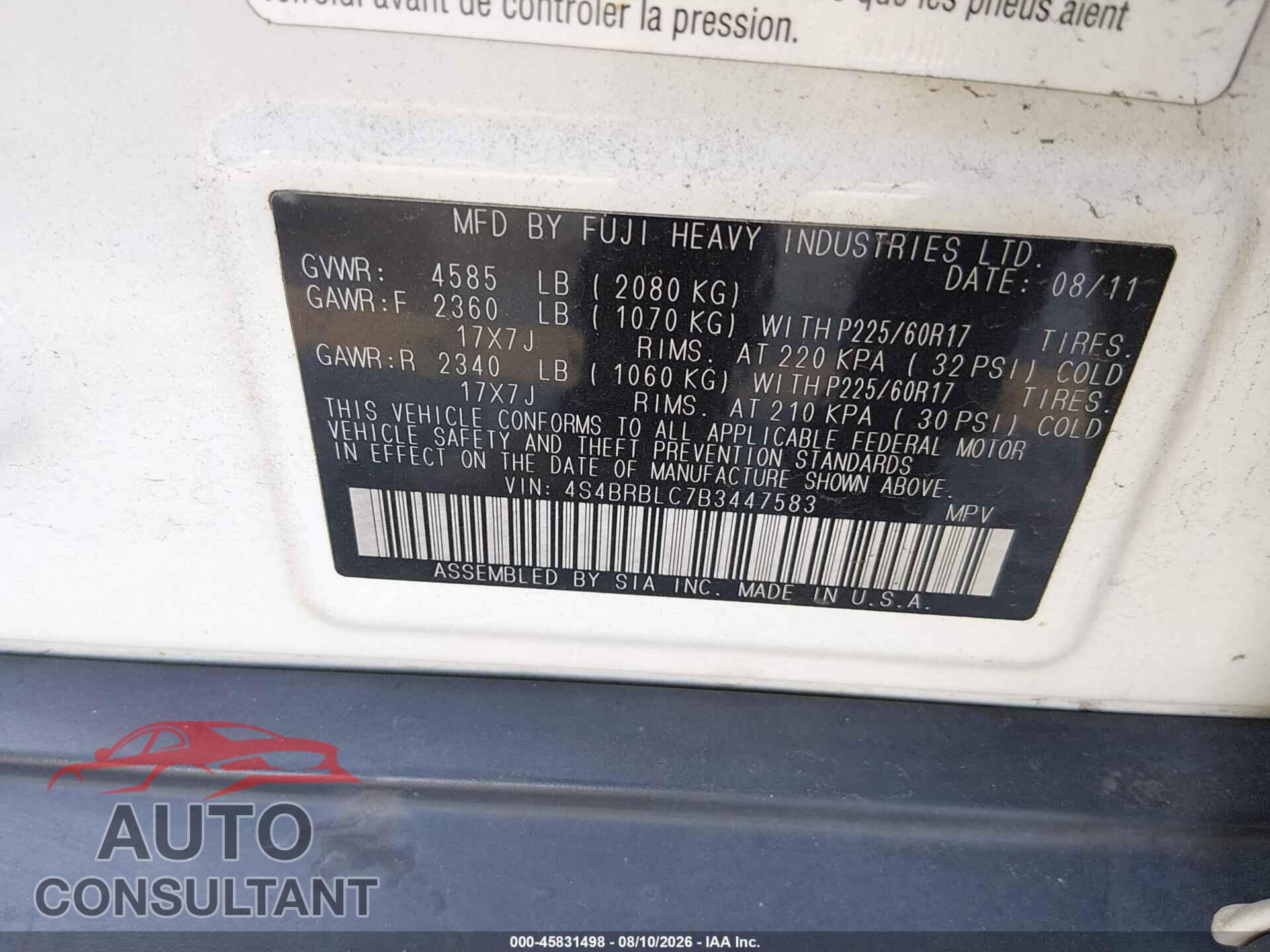 SUBARU OUTBACK 2011 - 4S4BRBLC7B3447583