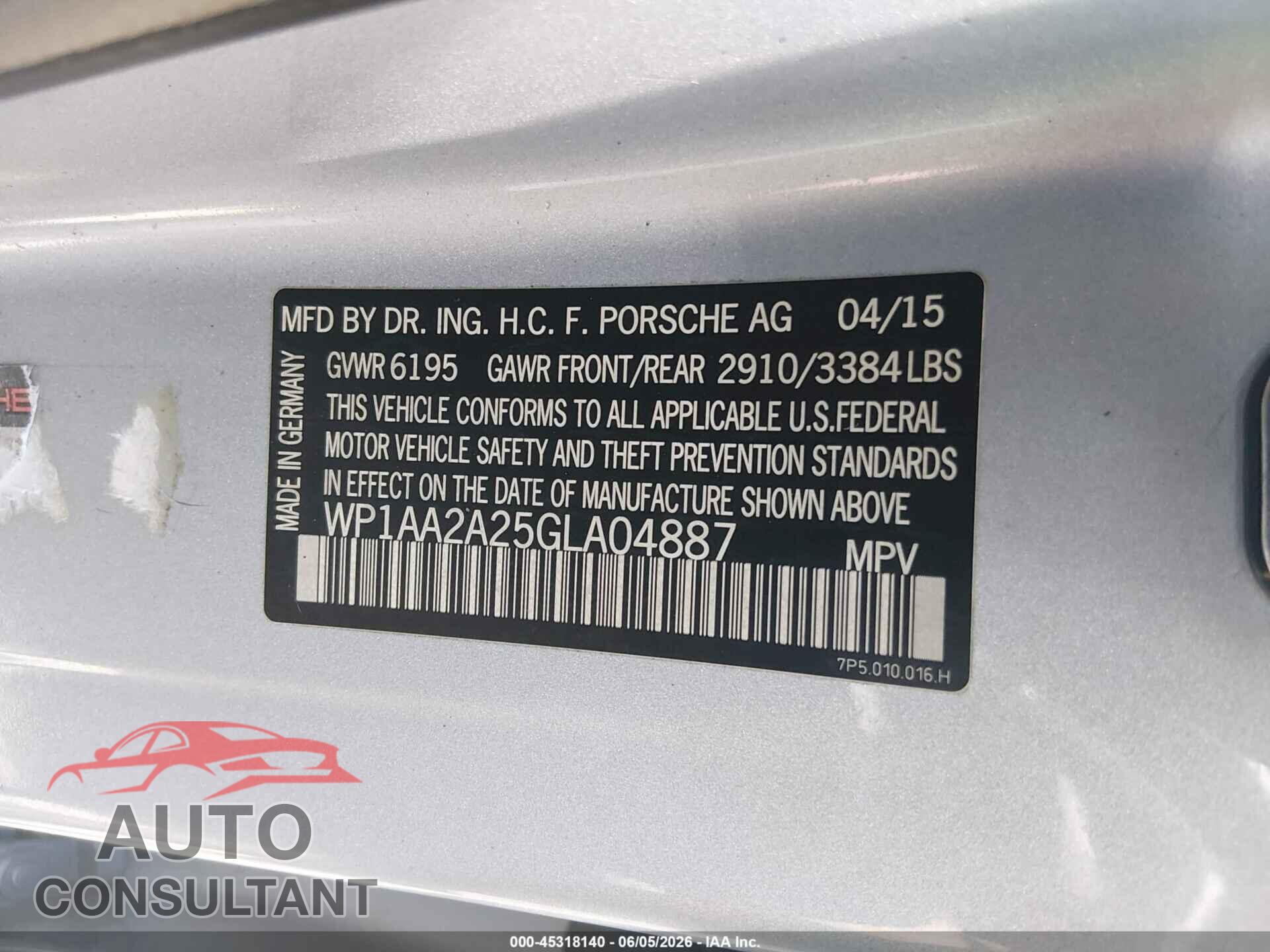 PORSCHE CAYENNE 2016 - WP1AA2A25GLA04887