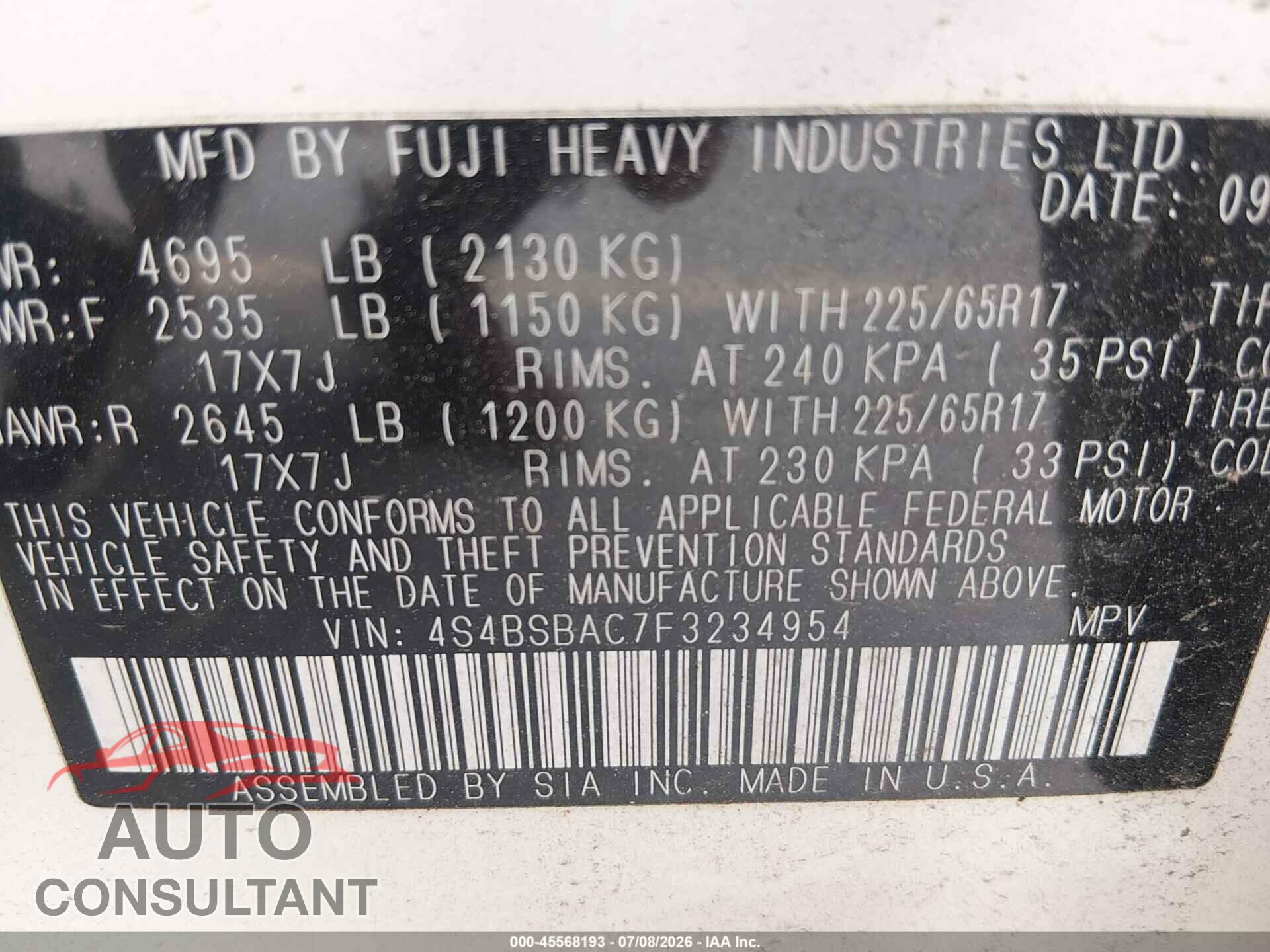 SUBARU OUTBACK 2015 - 4S4BSBAC7F3234954