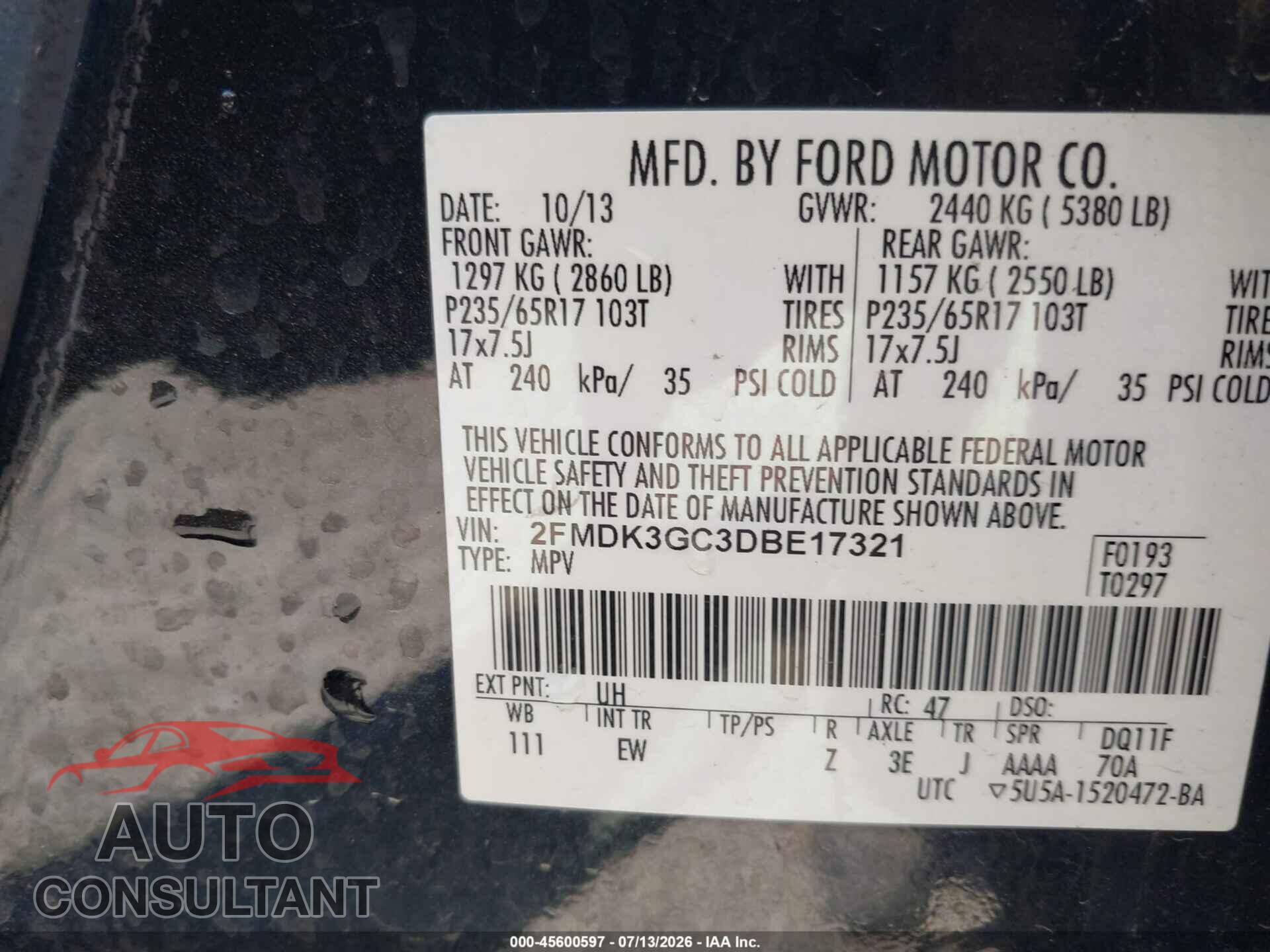 FORD EDGE 2013 - 2FMDK3GC3DBE17321