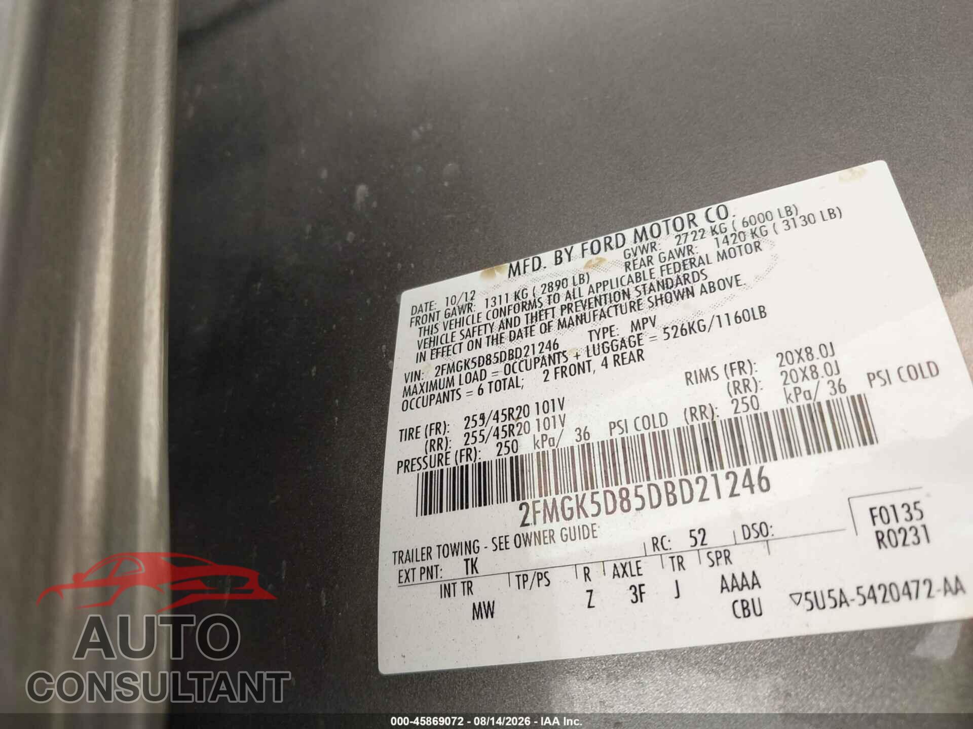 FORD FLEX 2013 - 2FMGK5D85DBD21246