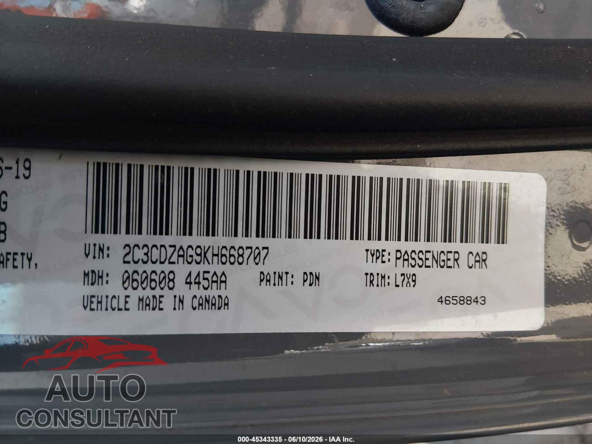 DODGE CHALLENGER 2019 - 2C3CDZAG9KH668707