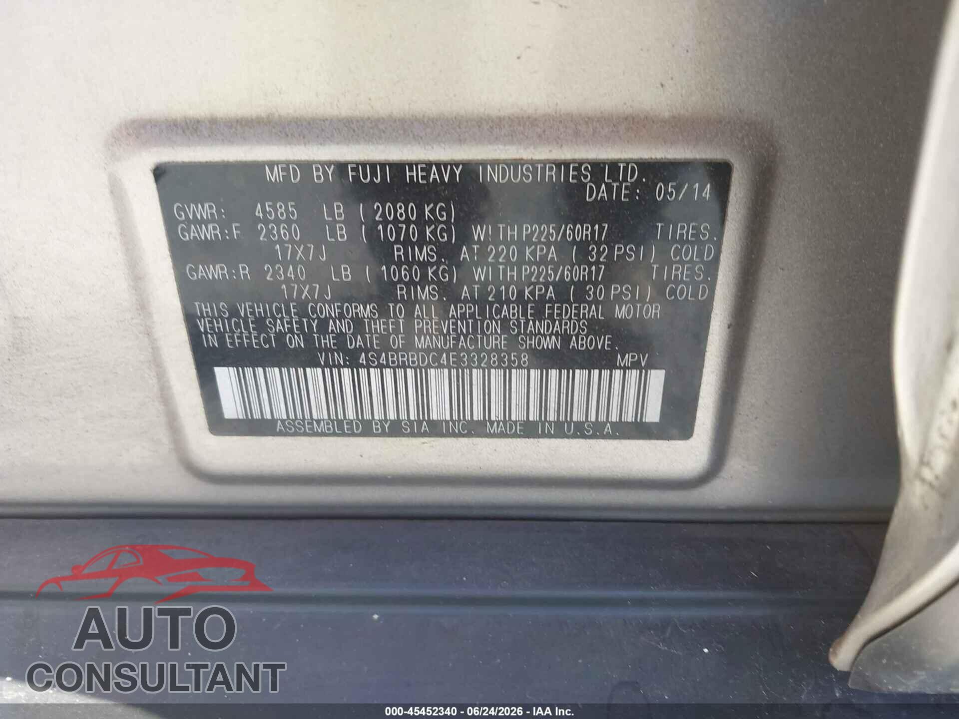 SUBARU OUTBACK 2014 - 4S4BRBDC4E3328358
