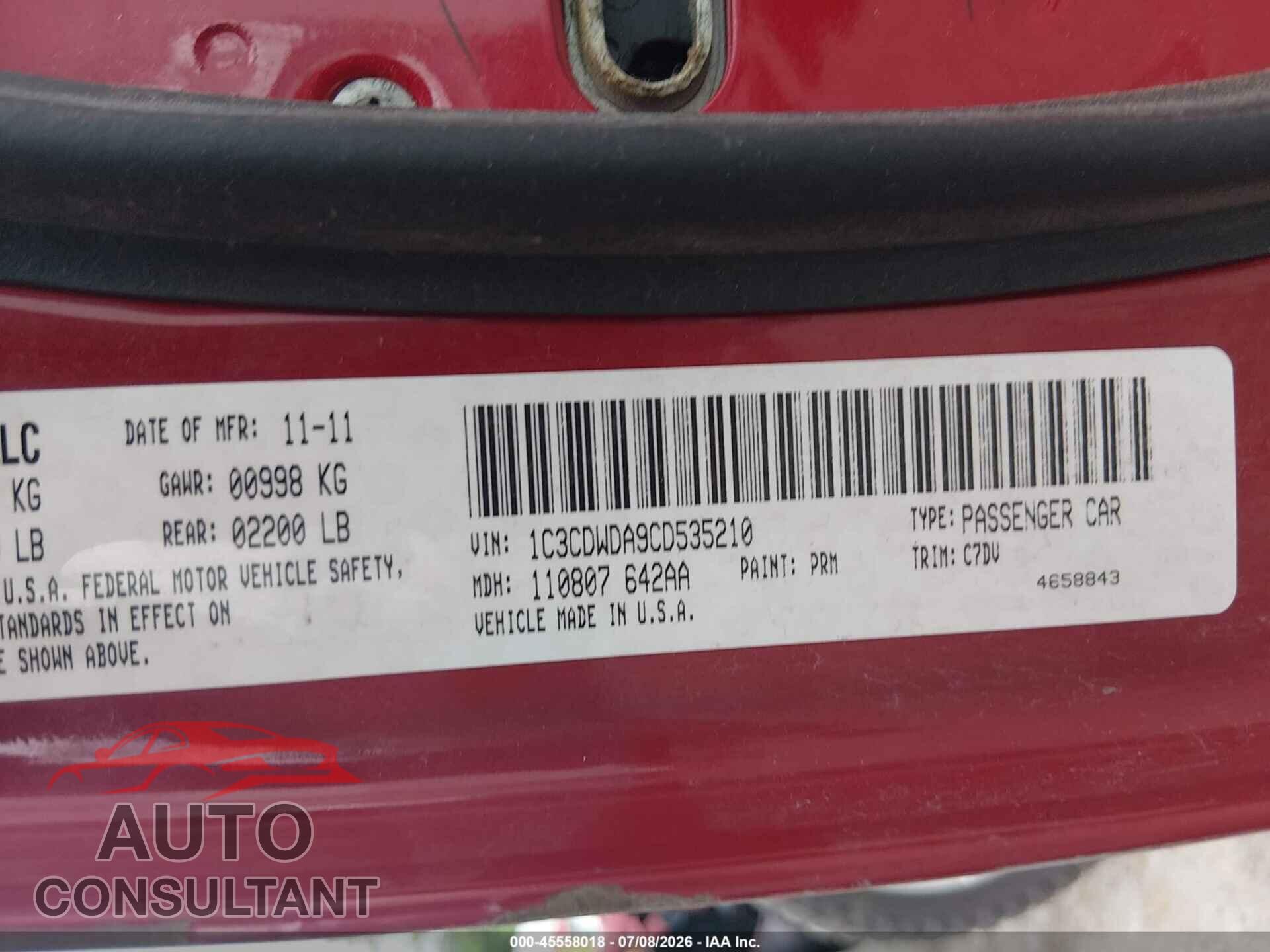 DODGE CALIBER 2012 - 1C3CDWDA9CD535210