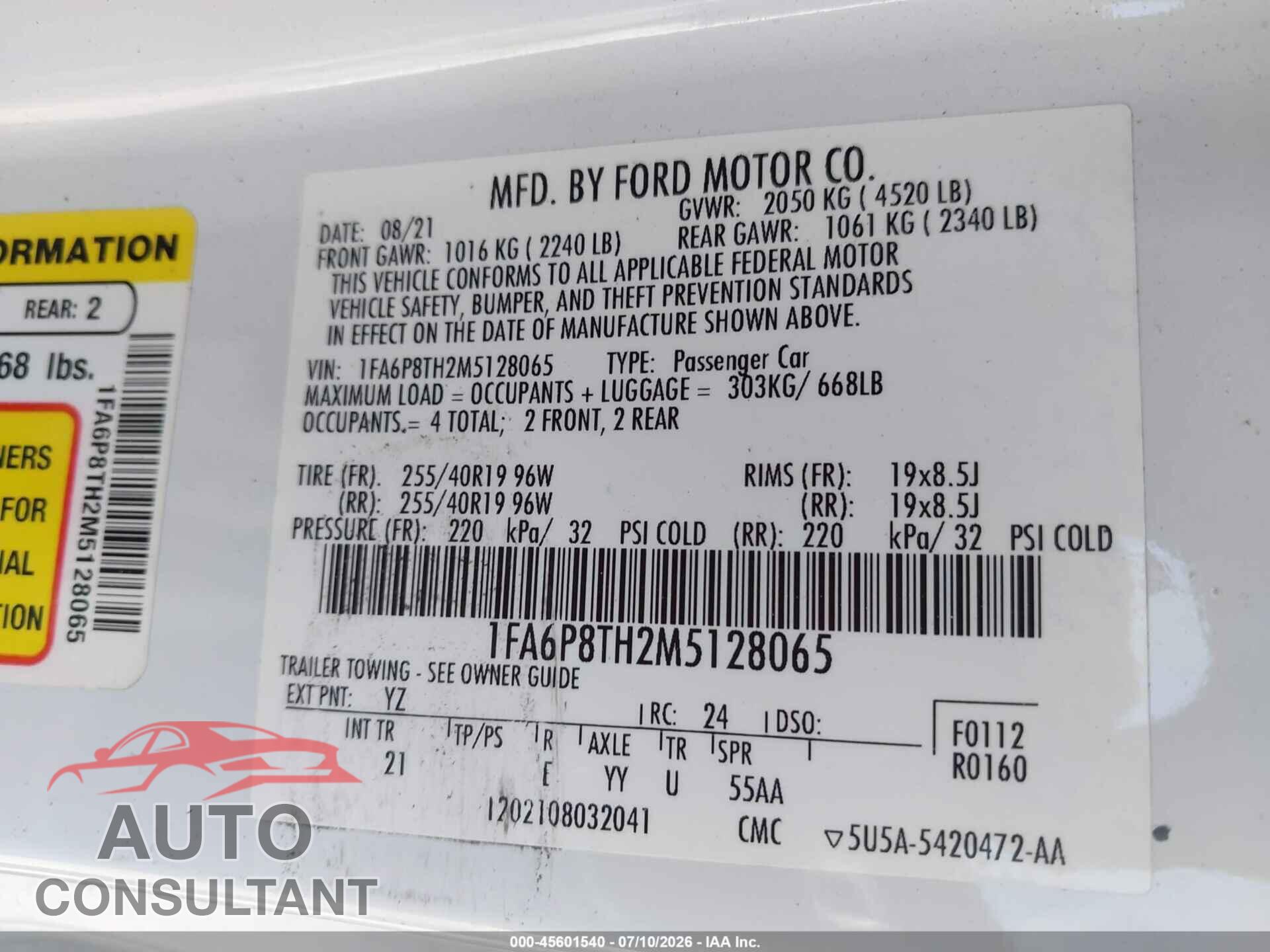 FORD MUSTANG 2021 - 1FA6P8TH2M5128065