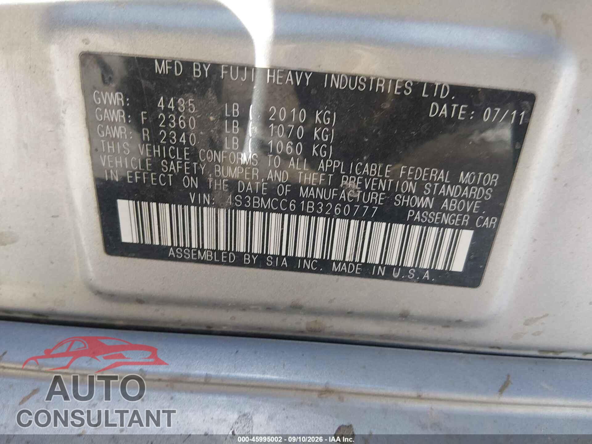 SUBARU LEGACY 2011 - 4S3BMCC61B3260777