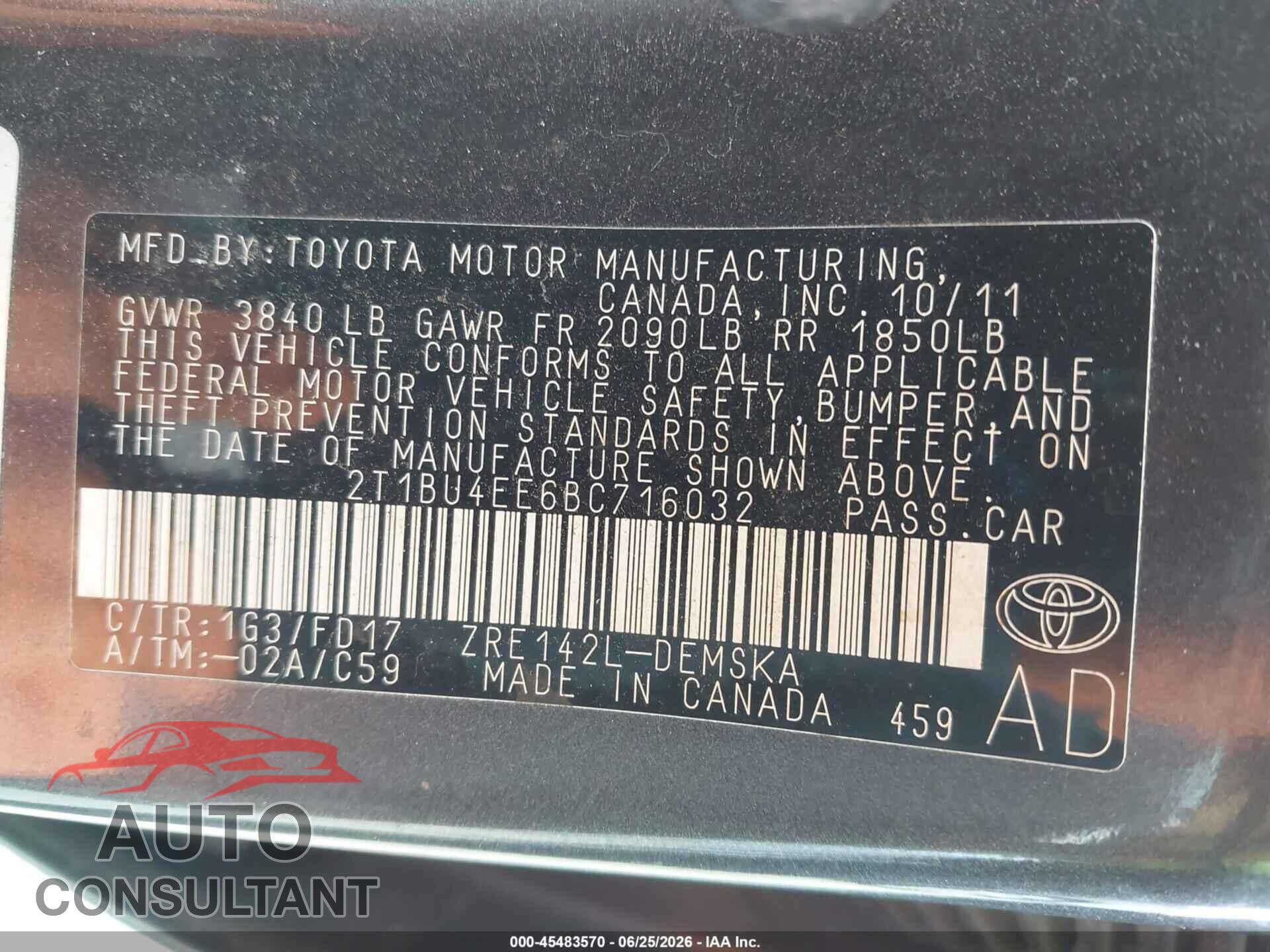 TOYOTA COROLLA 2011 - 2T1BU4EE6BC716032
