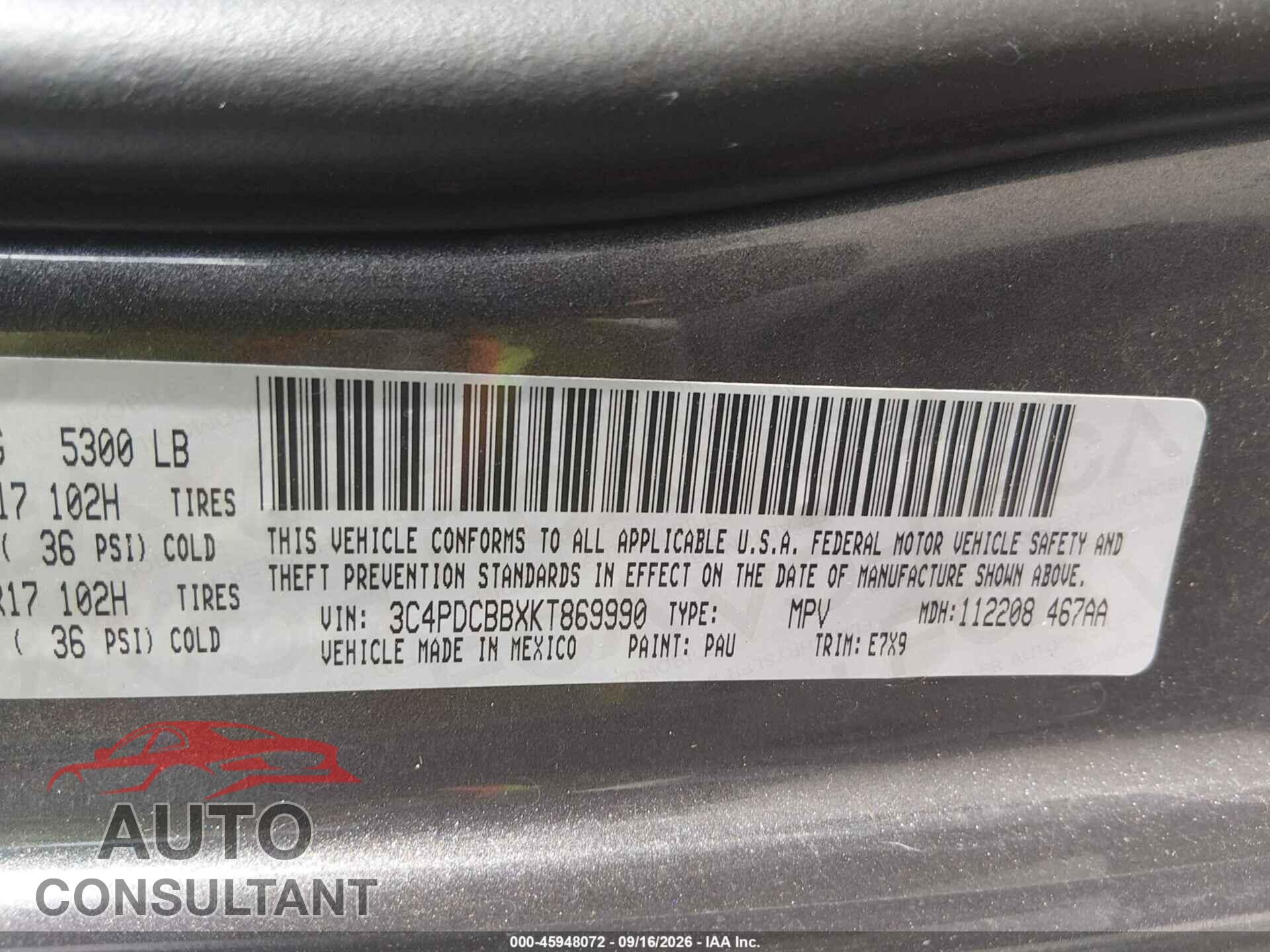 DODGE JOURNEY 2019 - 3C4PDCBBXKT869990