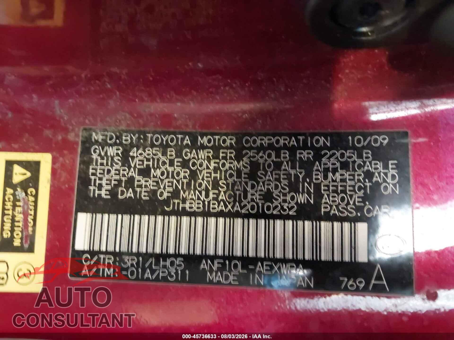 LEXUS HS 250H 2010 - JTHBB1BAXA2010232