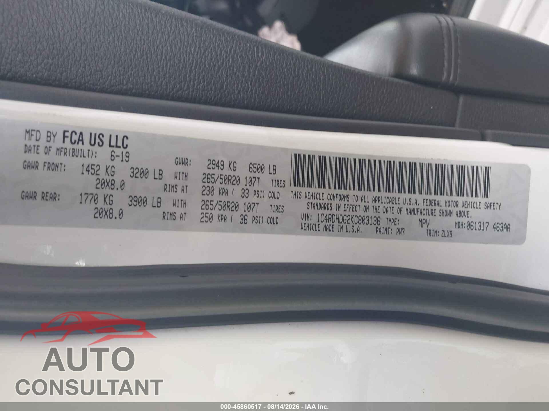 DODGE DURANGO 2019 - 1C4RDHDG2KC803136