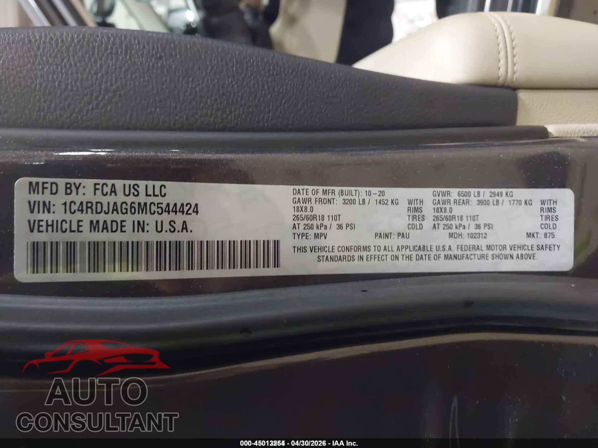 DODGE DURANGO 2021 - 1C4RDJAG6MC544424