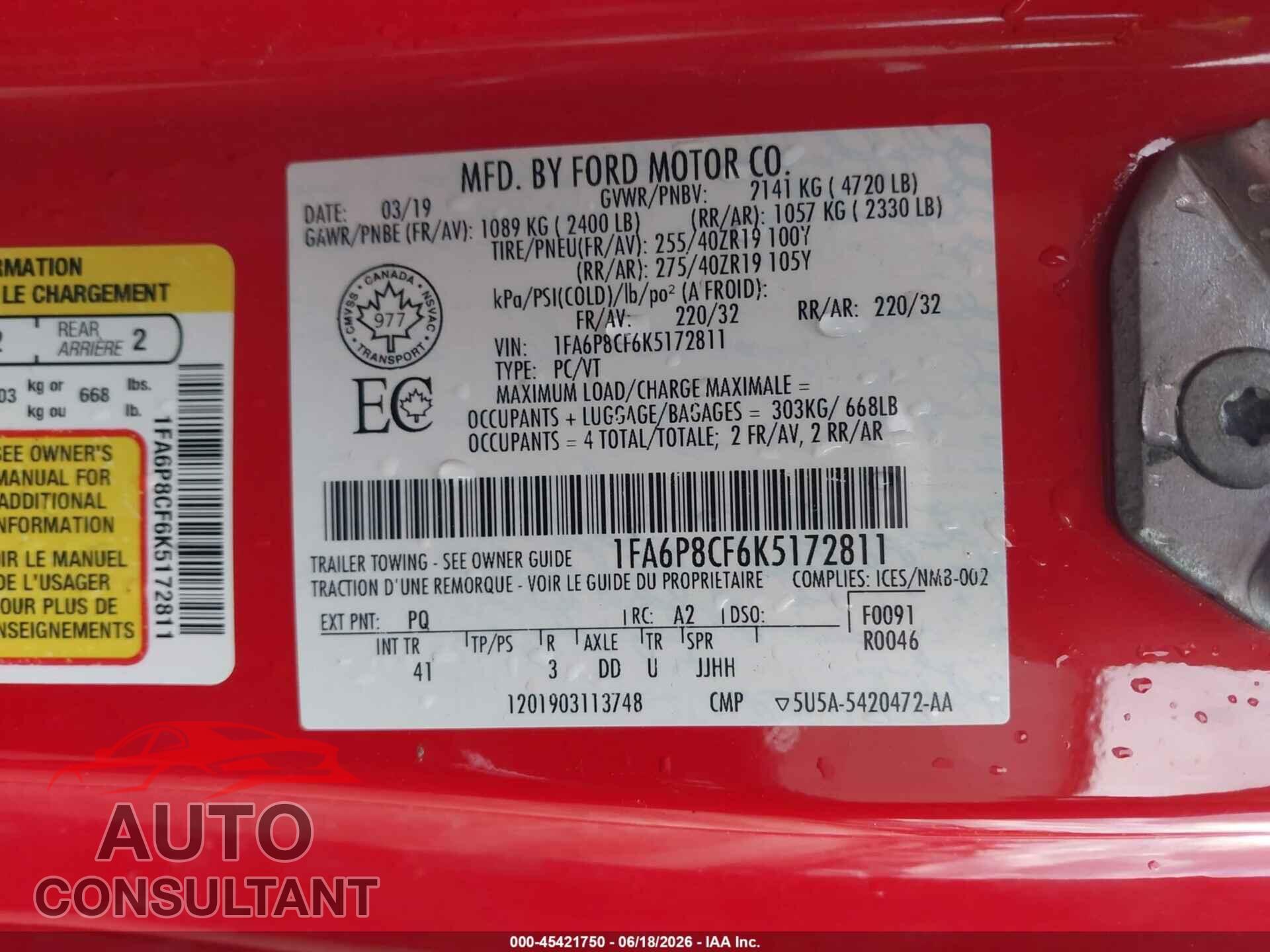 FORD MUSTANG 2019 - 1FA6P8CF6K5172811