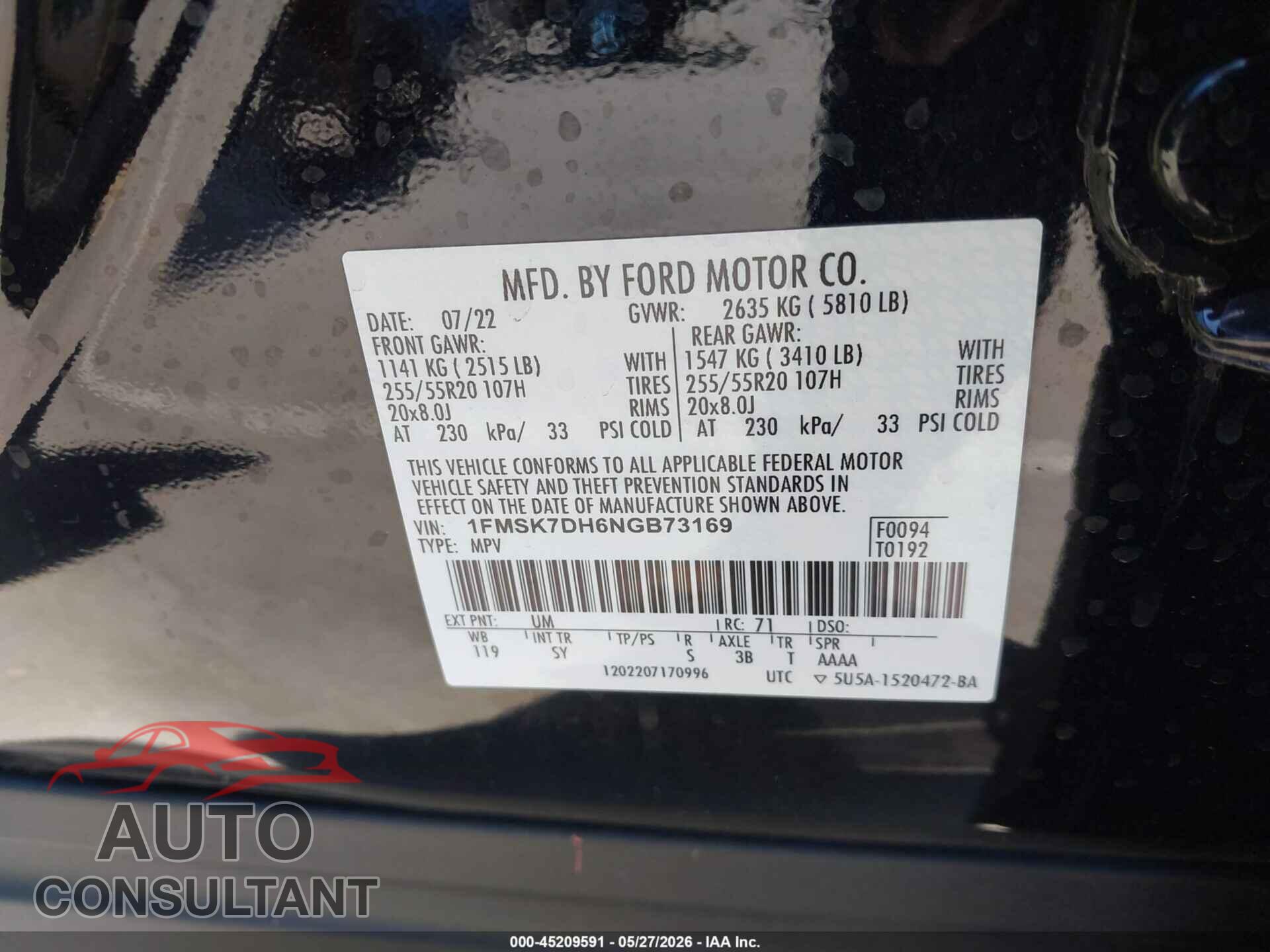 FORD EXPLORER 2022 - 1FMSK7DH6NGB73169
