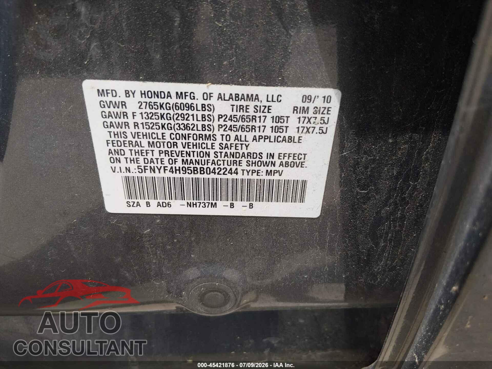 HONDA PILOT 2011 - 5FNYF4H95BB042244