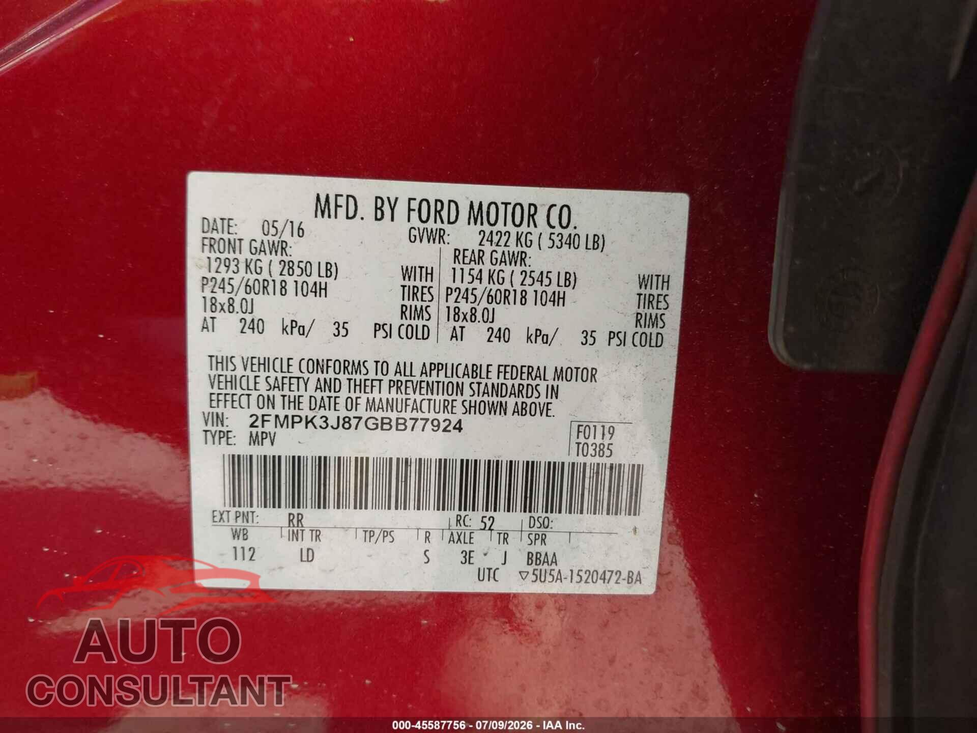 FORD EDGE 2016 - 2FMPK3J87GBB77924