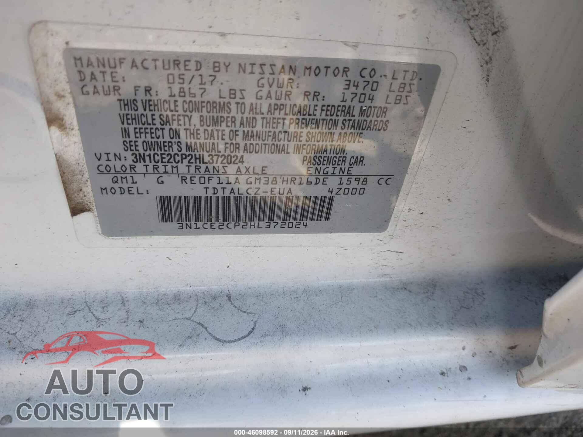 NISSAN VERSA NOTE 2017 - 3N1CE2CP2HL372024