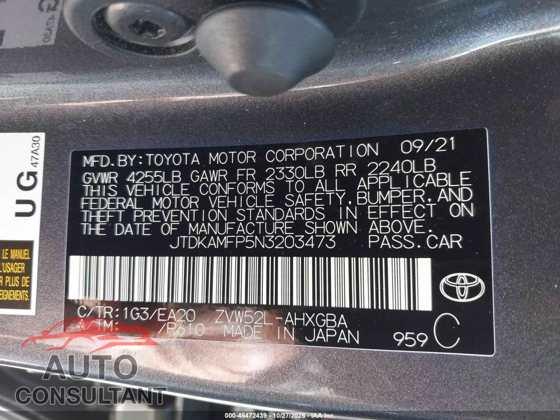 TOYOTA PRIUS PRIME 2022 - JTDKAMFP5N3203473