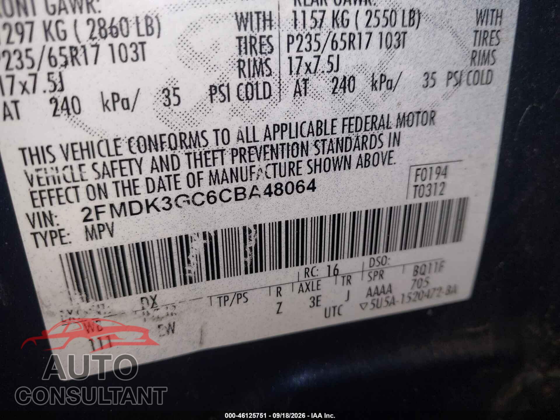 FORD EDGE 2012 - 2FMDK3GC6CBA48064