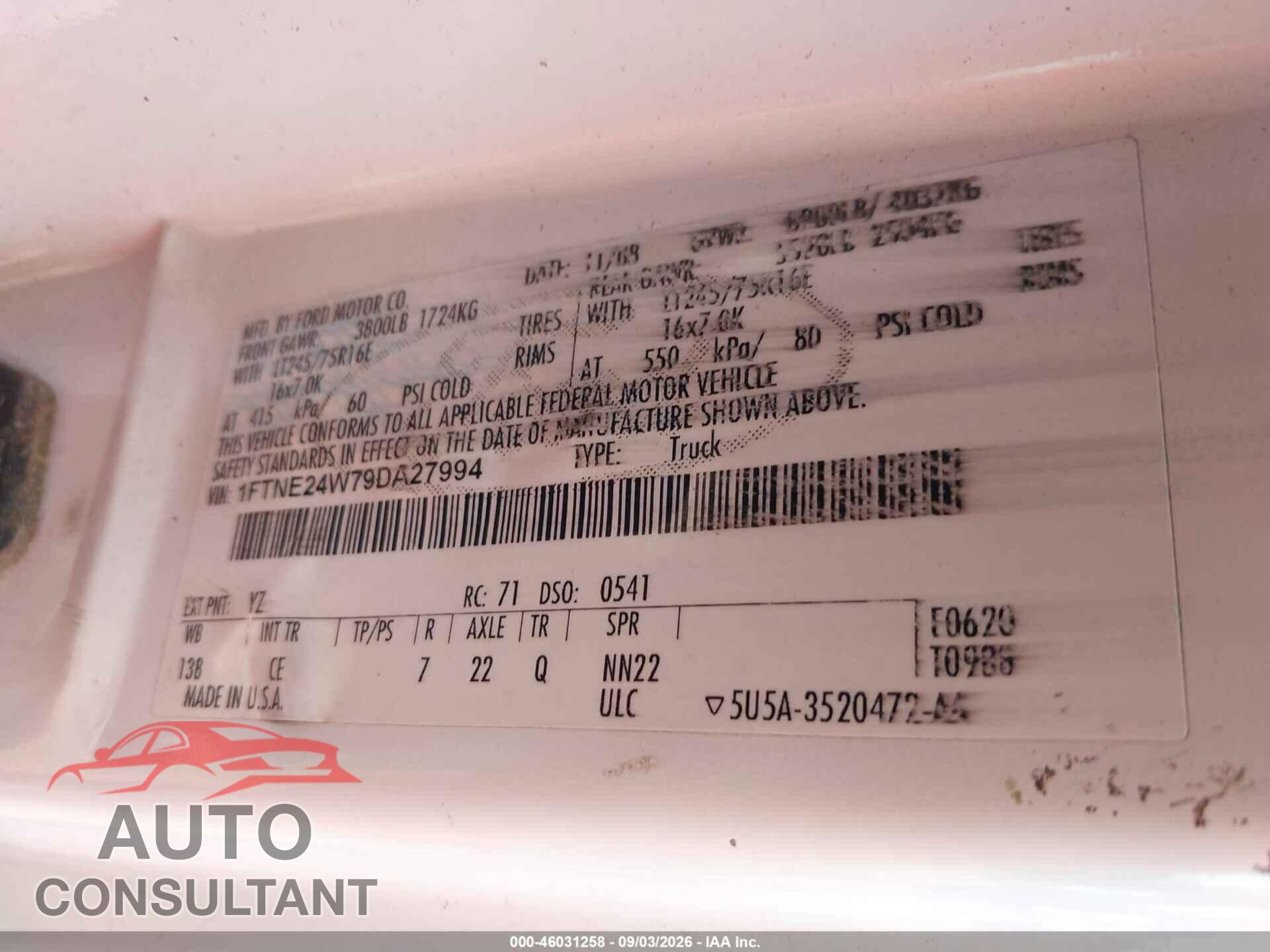 FORD E-250 2009 - 1FTNE24W79DA27994